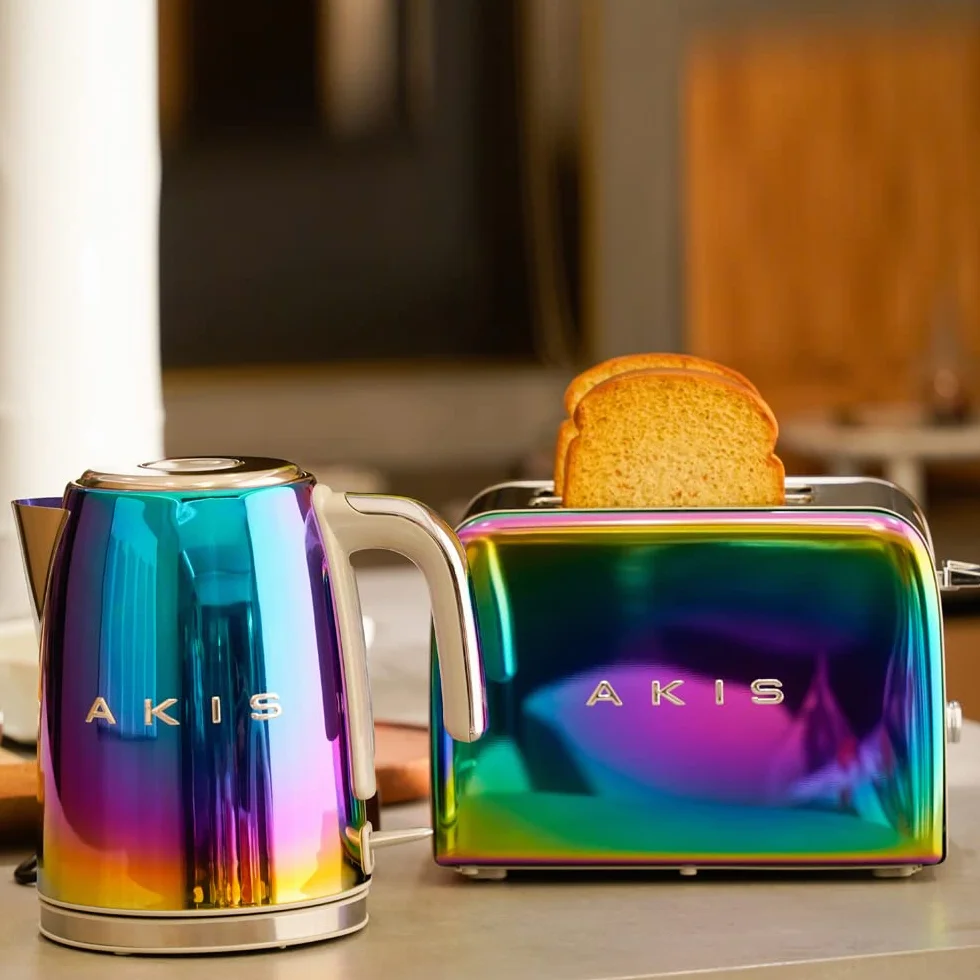 AKIS La Fête Design Tostadora y hervidor de agua de acero inoxidable en arco iris multicolor moderno