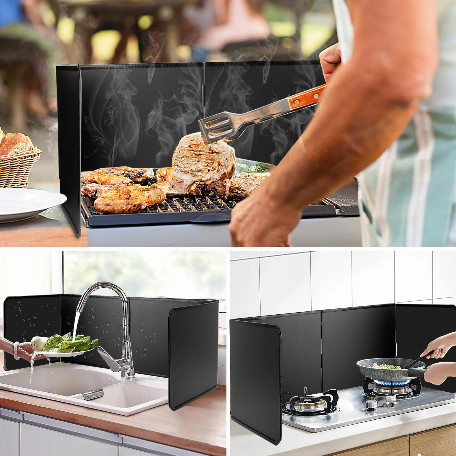 76*29*30cm Protector Salpicaduras Cocina, 3 Lados Panel Protector Antisalpicaduras Cocina Plegable Resistente al Calor, Protección Antisalpicaduras Pantallas con paño de limpieza, para Cocinar/Hornear