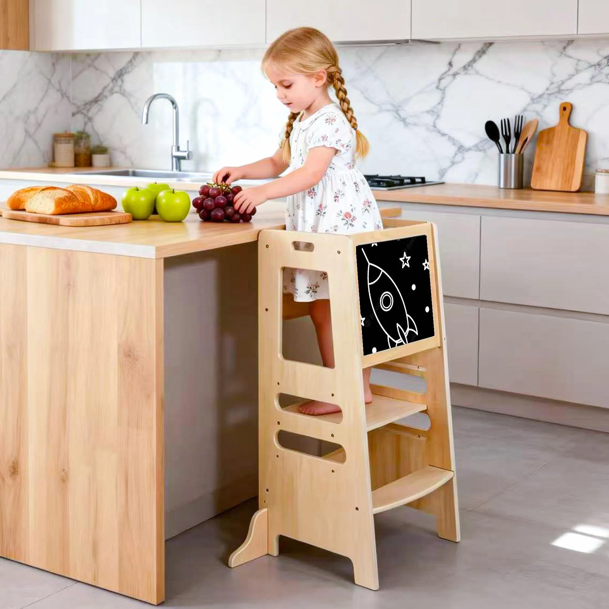 Torre de Aprendizaje Montessori de Madera para Niños, Taburete de Cocina Regulable 1-5 Años con Barra de Seguridad