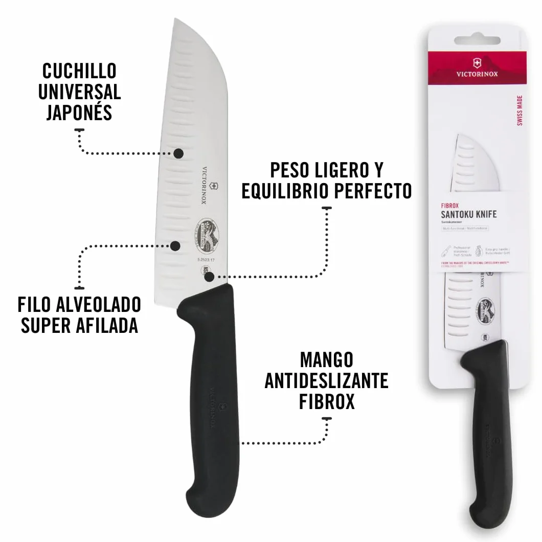 Victorinox Fibrox Cuchillo Santoku con hendiduras, cuchillo de cocina japonés para carne, pescado y verdura, 17 cm, afilado, acero inoxidable, negro