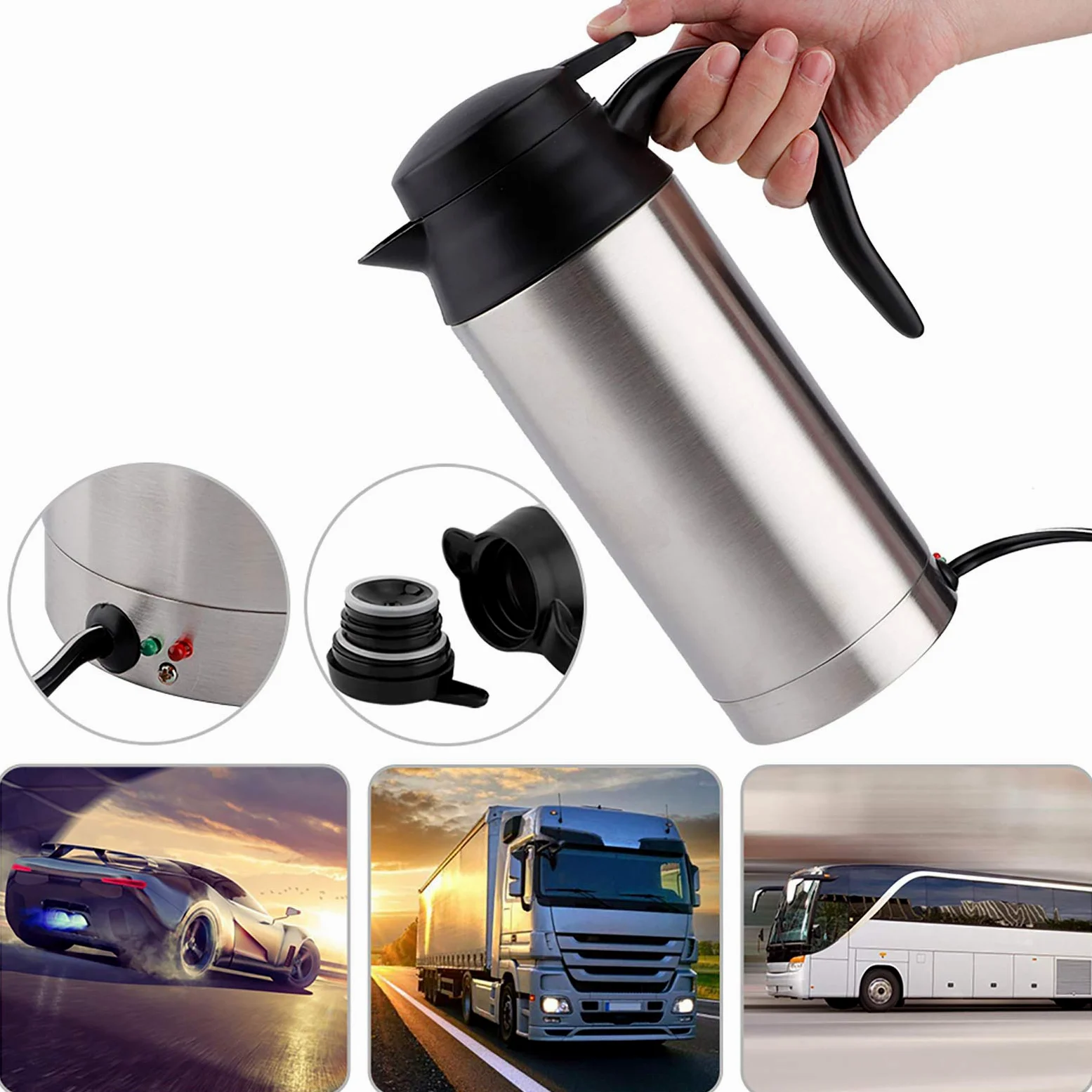 Tetera eléctrica de acero inoxidable de 750 ML para coche, reemplazo de té y café para termo, taza de calentamiento de agua, 12 V