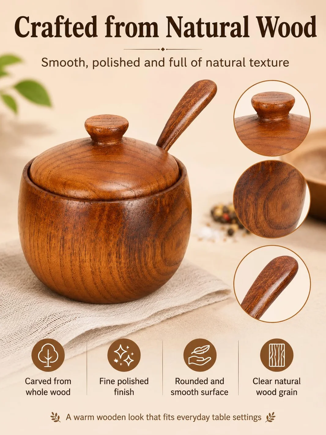Caja de Sal de Madera con Cuchara y Tapa, Salero y Azucarero Cocina, Cajas Especias para Hogar, Almacenamiento de Cocina, Restaurante
