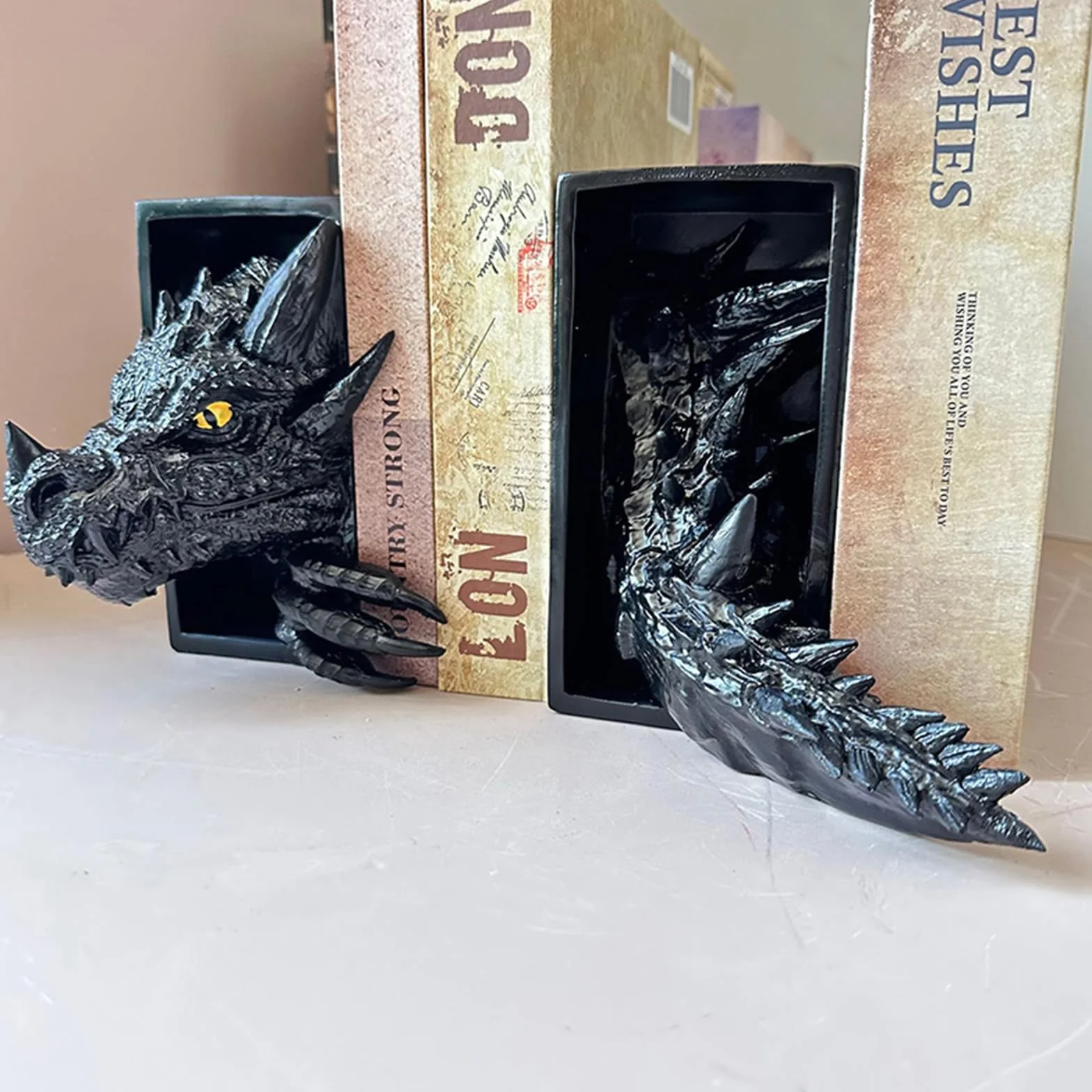 Sujetalibros de dragón, escultura de dragón de resina, soporte para libros, estatua de animales, sujetalibros decorativo para decoración de estantería en el hogar y la oficina (negro)