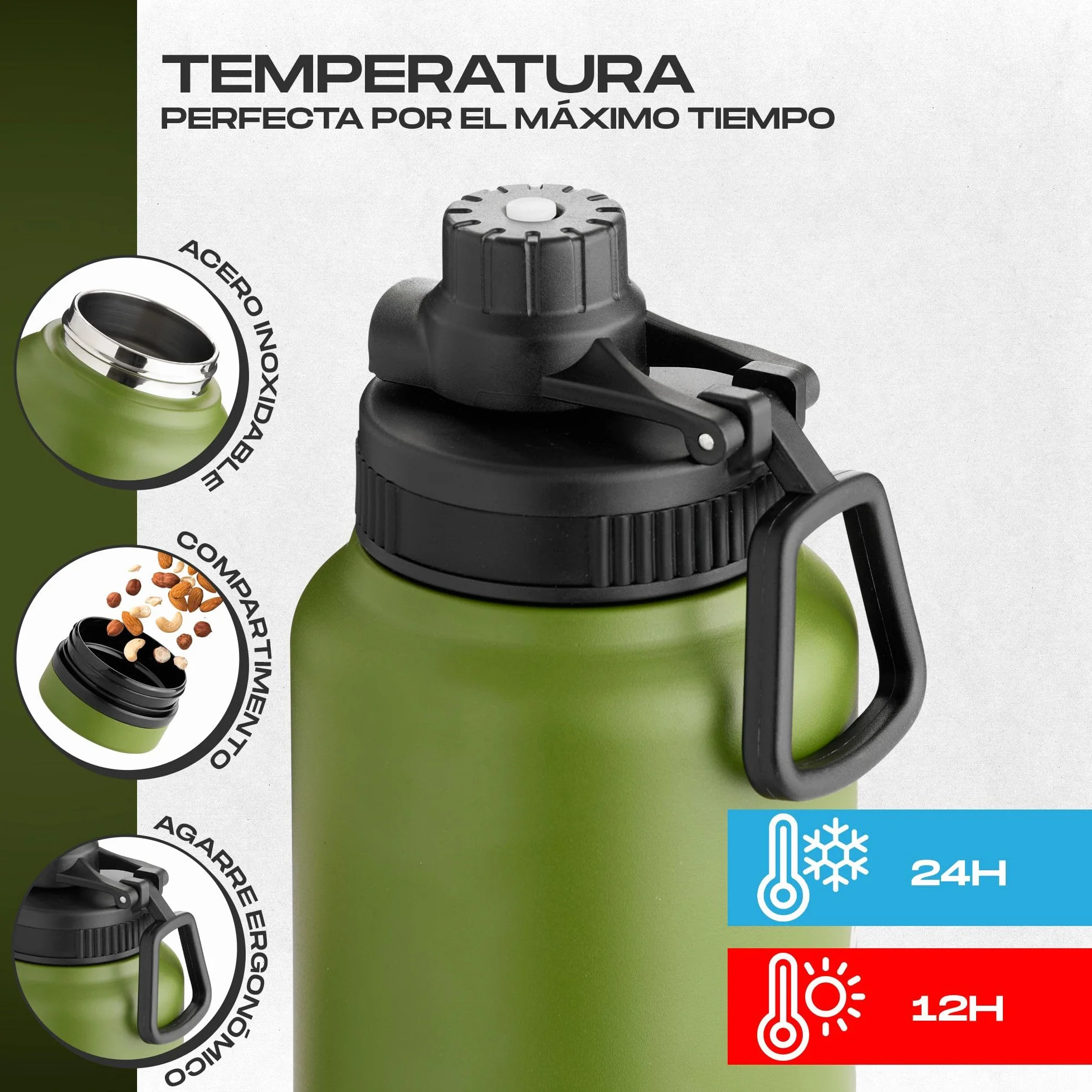 Botella térmica acero inoxidable doble pared 94 cl 32 oz tapa pulsador deportiva