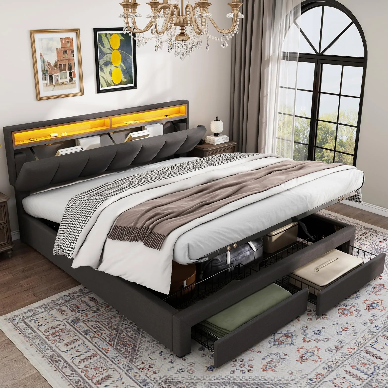 Cama 160x200 con Somier, Cama Baúl 160x200 con Iluminación LED, Cama Hidráulica Acolchada, Camas 2 Personas con 2 Cajones Almacenamiento, Lino, sin Colchón, Gris