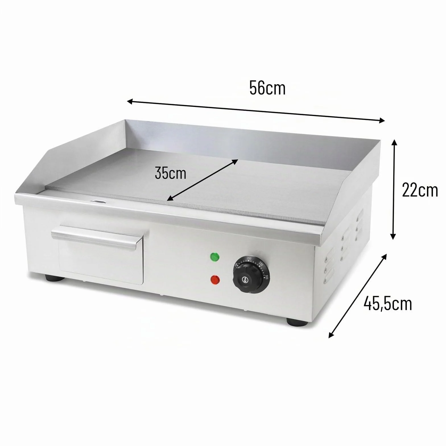 VERTES Plancha profesional de 3000 W en acero inoxidable, superficie de grill lisa de 55 x 35 cm, termostato, temperatura de 50-300 °C, protección contra salpicaduras y calor, bandeja recogegrasa