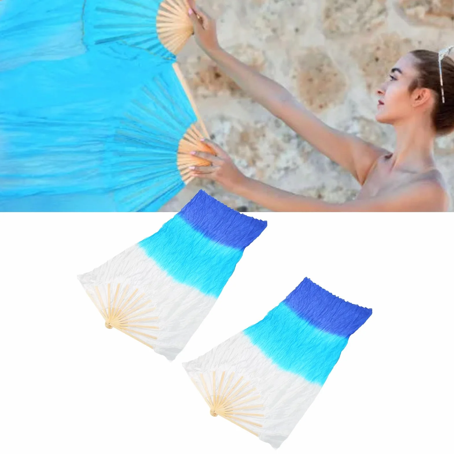 Abanicos de Danza del Vientre 1,5M, Abanico de Madera Tricolor Seda Sintética para Espectáculos