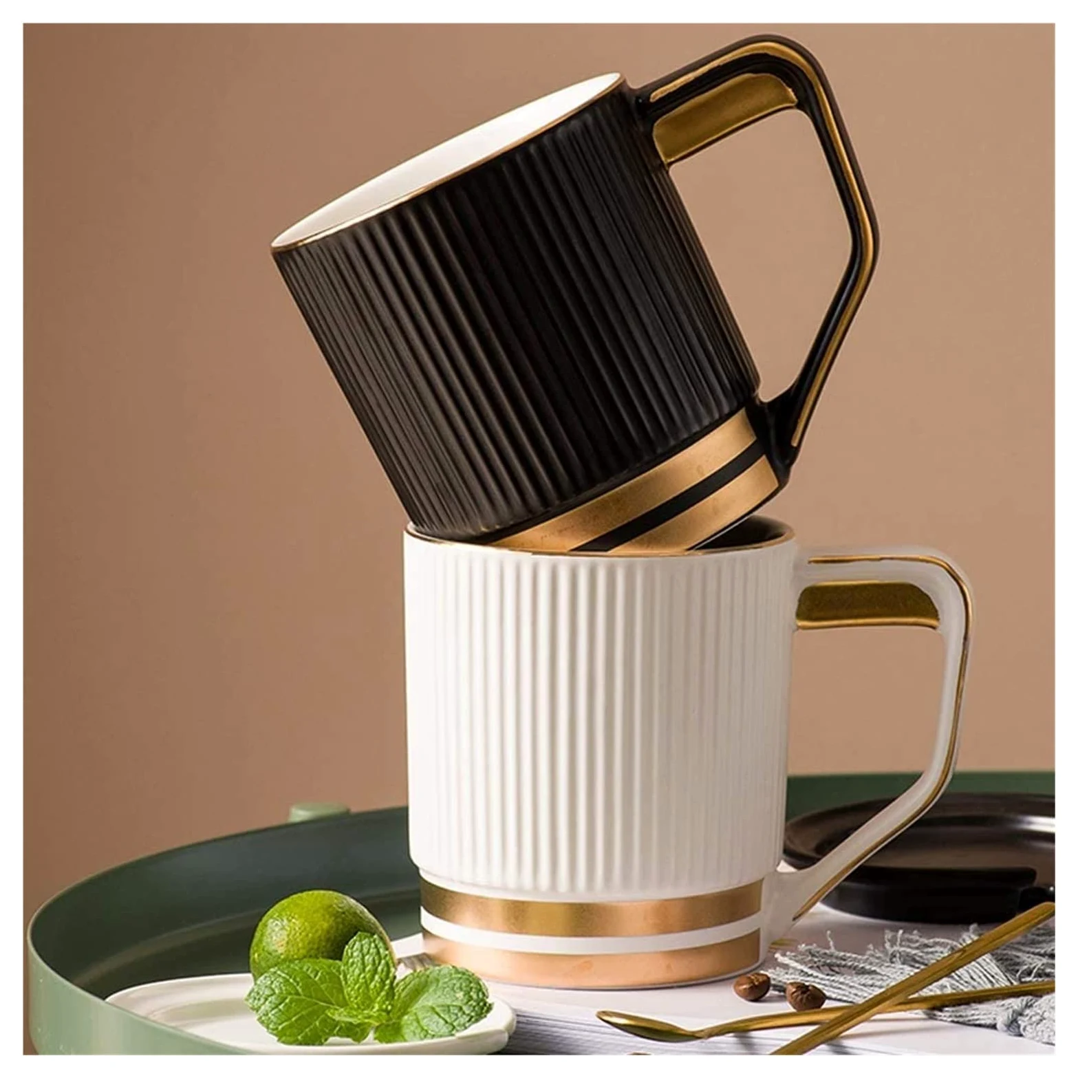 Taza de café de cerámica, taza de té para oficina y hogar, taza de café de cerámica con tapa y cucharadita dorada, decoración de borde dorado, taza de desayuno de gran capacidad, taza de té Wate
