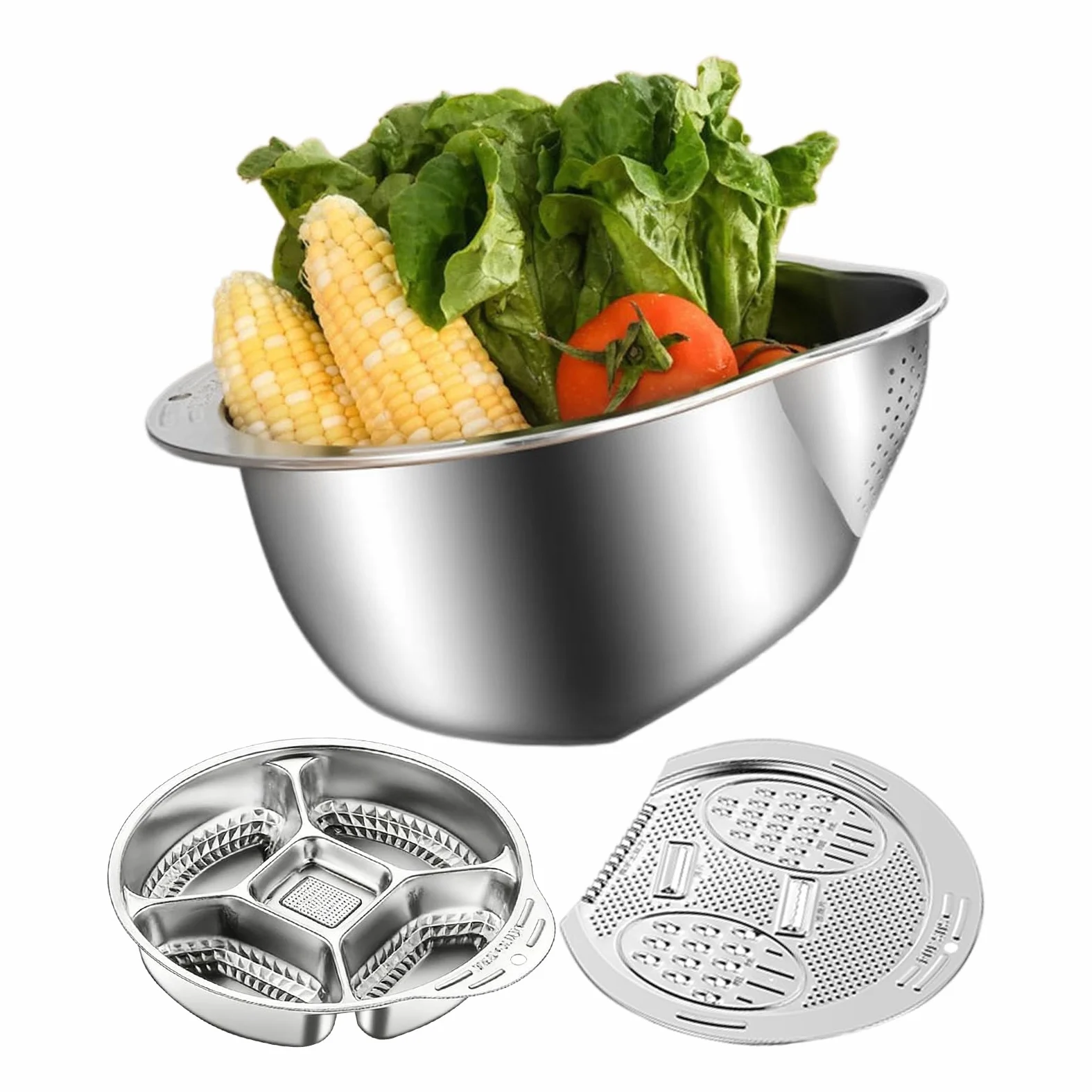Cuenco Colador para Lavar Arroz Set de Colador de Fondo Inclinado | con Escurridor Lateral y Fondo Inclinado para Remojar Arroz para Cocina Restaurante Verduras Frutas Jengibre Cebolleta