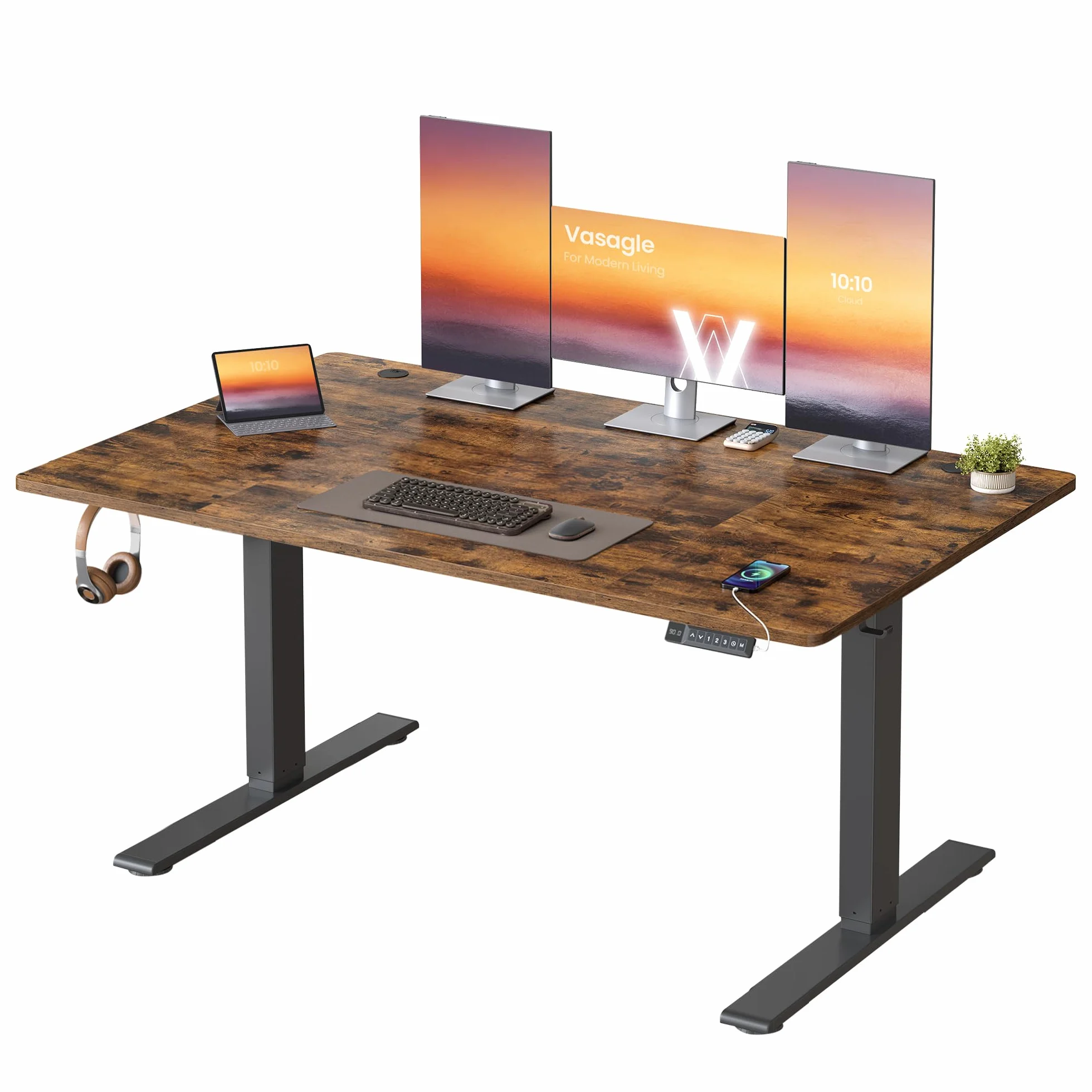 VASAGLE Escritorio Ajustable en Altura, 140 x 80 cm, Puerto USB-C, Estante para Regleta Eléctrica, Recordatorio de Sedentarismo, 3 Botones de Memoria, para Oficina, Marrón Rústico LSD144KD02