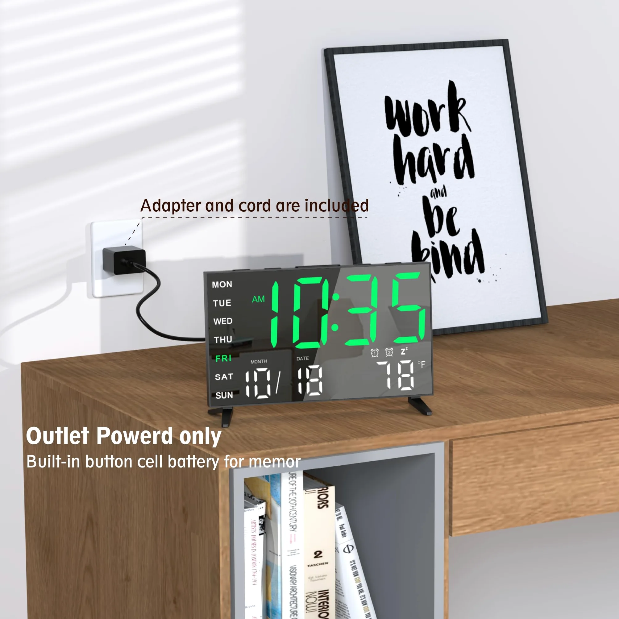 Reloj Despertador Digital con Espejo y Alarma Fuerte con Fecha, Temperatura Interior, Puerto de Carga USB, regulador de Intensidad, Volumen Ajustable, Dígito Verde Negro