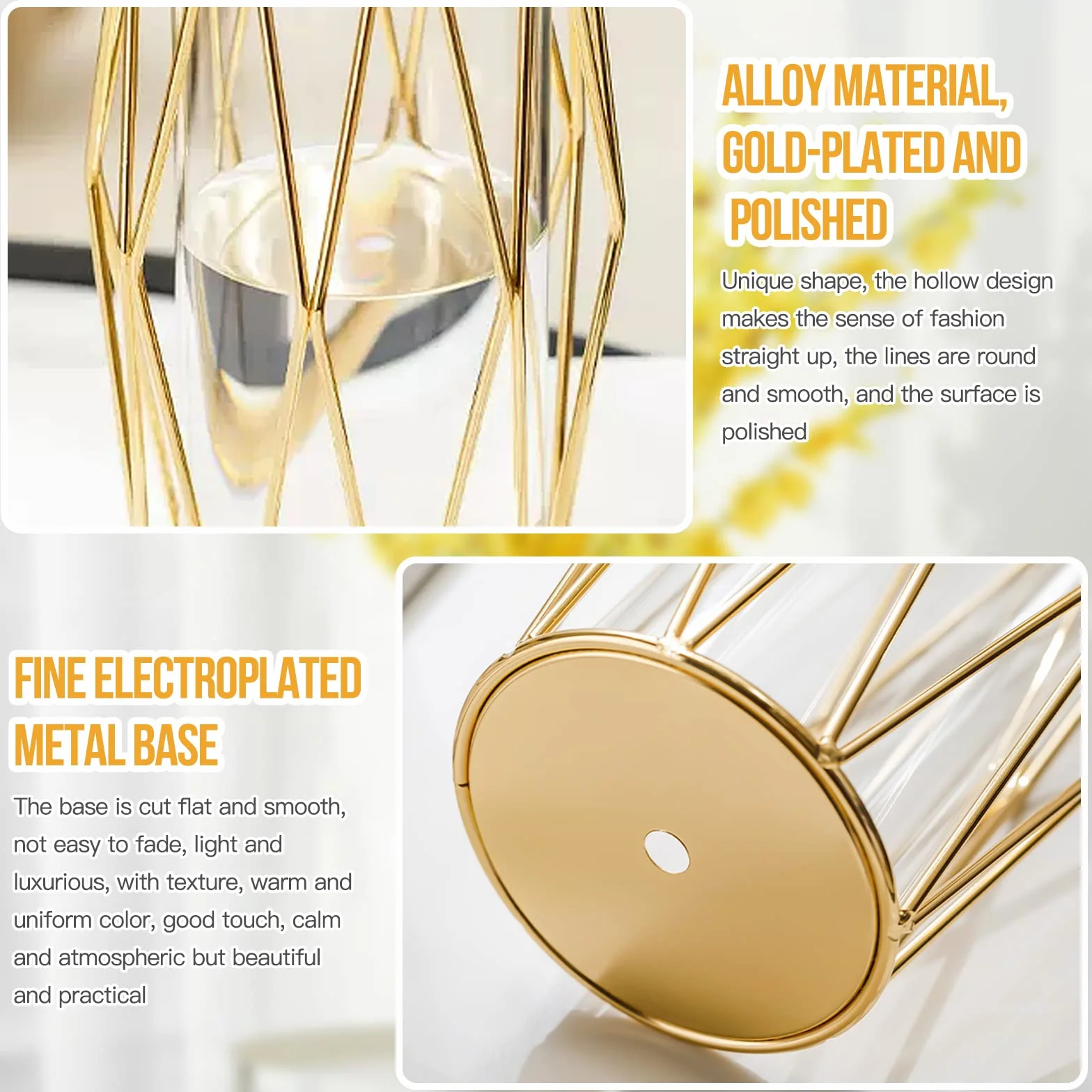 Jarrones Decorativos Modernos con Soporte Metálico Geométrico, Terrario Cristalino, Florero de Vidrio para Plantas Hidropónicas y Flores, Centro de Mesa para Bodas y Decoración de Interiores