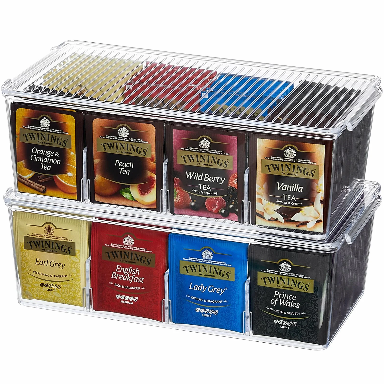 Lifewit Organizadores Apilables de Plástico para Bolsas de Té, Caja para Gabinetes de Cocina, Despensa, Ideal para Cápsulas de Café, Sobres de Azúcar, 8 Secciones, Transparente, 2 Piezas, 29cm(L)
