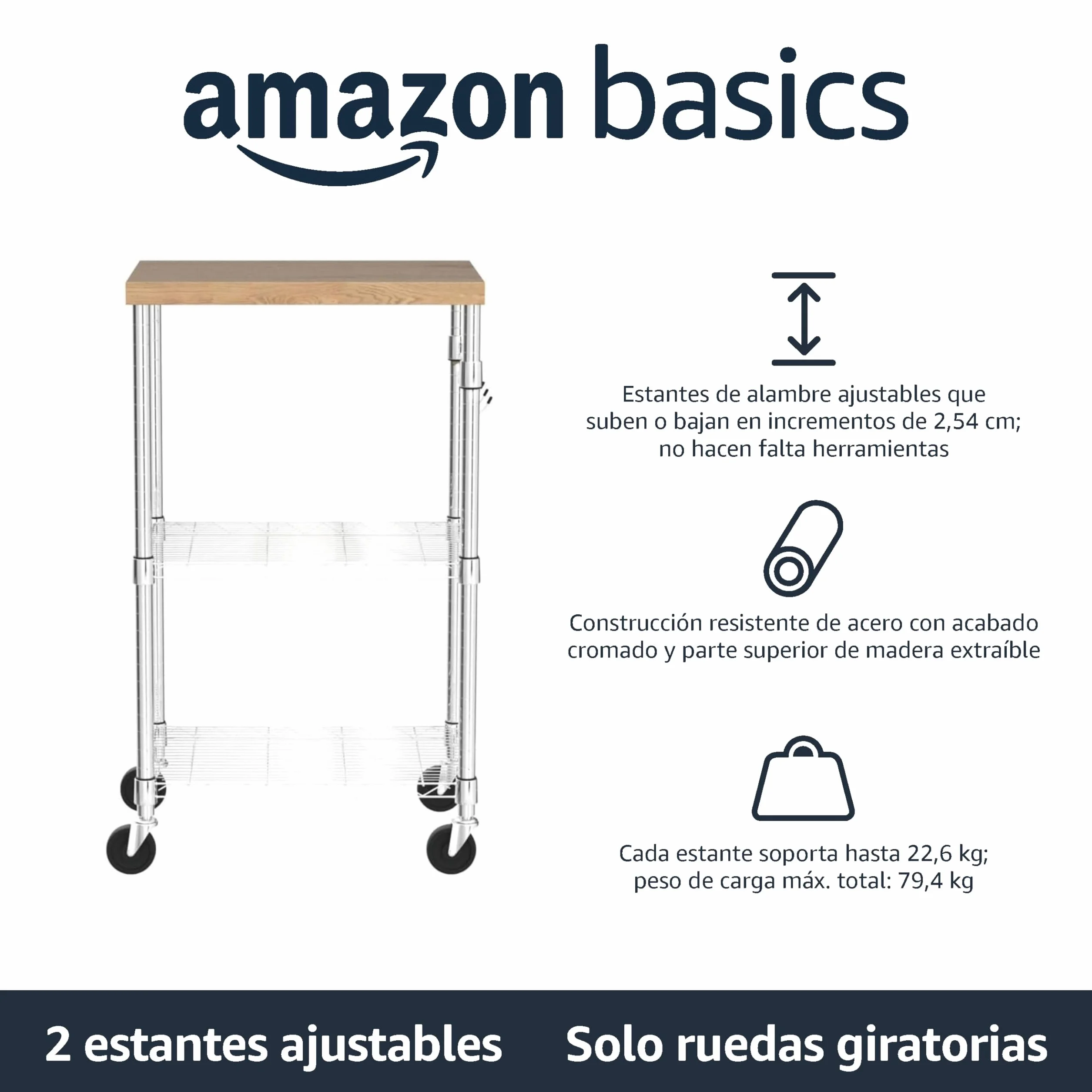 Amazon Basics 3 Niveles Carrito con Ruedas para microondas, 53.34cm x 38.1cm x 93.22cm (LxWxH), Madera/Cromado, 2 baldas