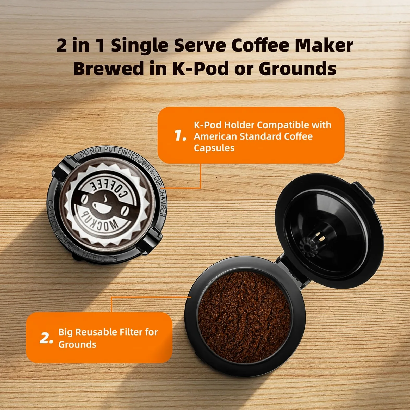 Horavie Mini cafetera de una sola porción para taza K y café molido, máquina de café de una taza de cerveza rápida con recordatorio de descalcificación y ventana de agua, 6 a 12 onzas, tamaños de