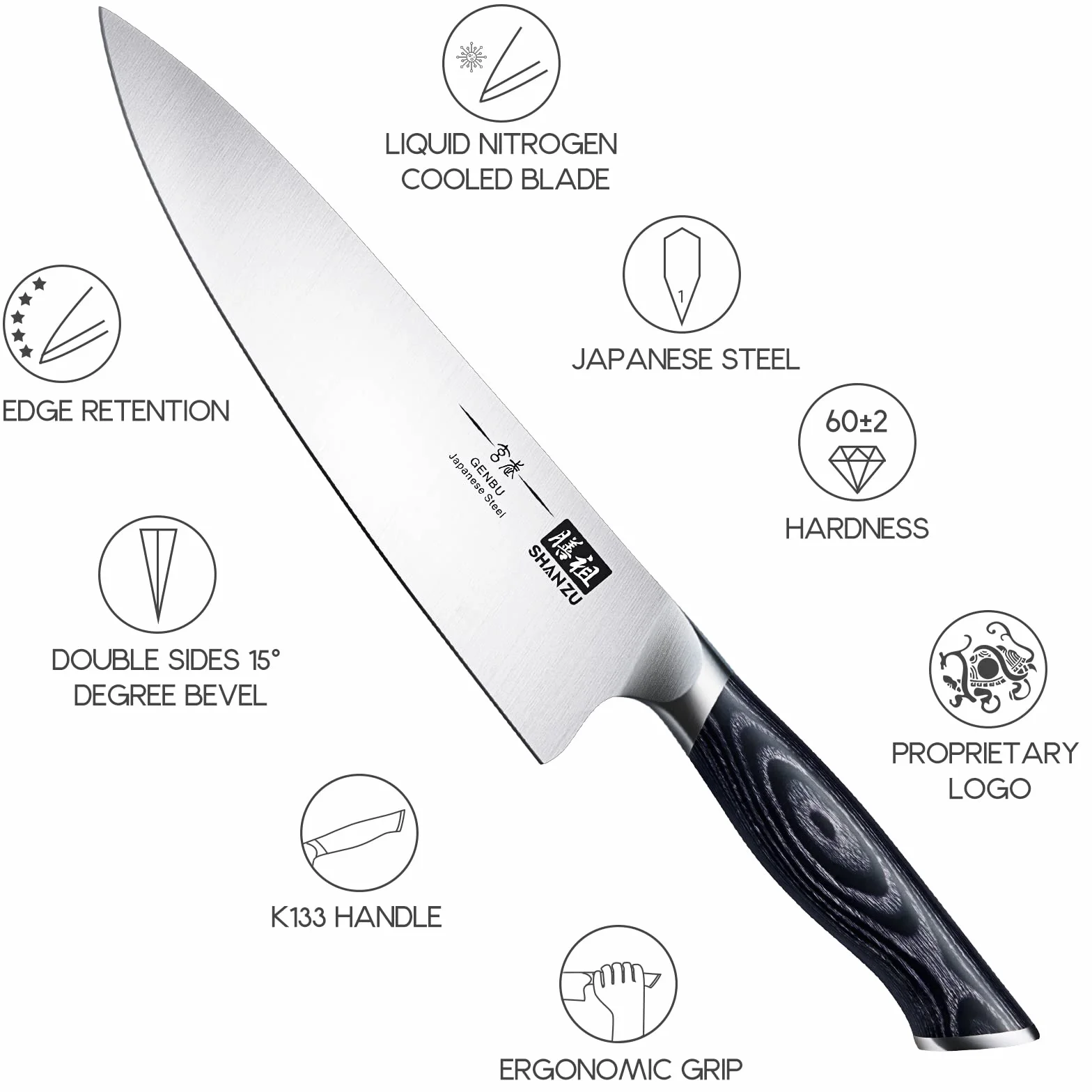 SHAN ZU Cuchillo de chef, cuchillo de cocina de 8 pulgadas, cuchillos de chef japoneses súper afilados de acero, cuchillo para picar, cuchillo de cocina con mango ergonómico K133 - Serie Genbu