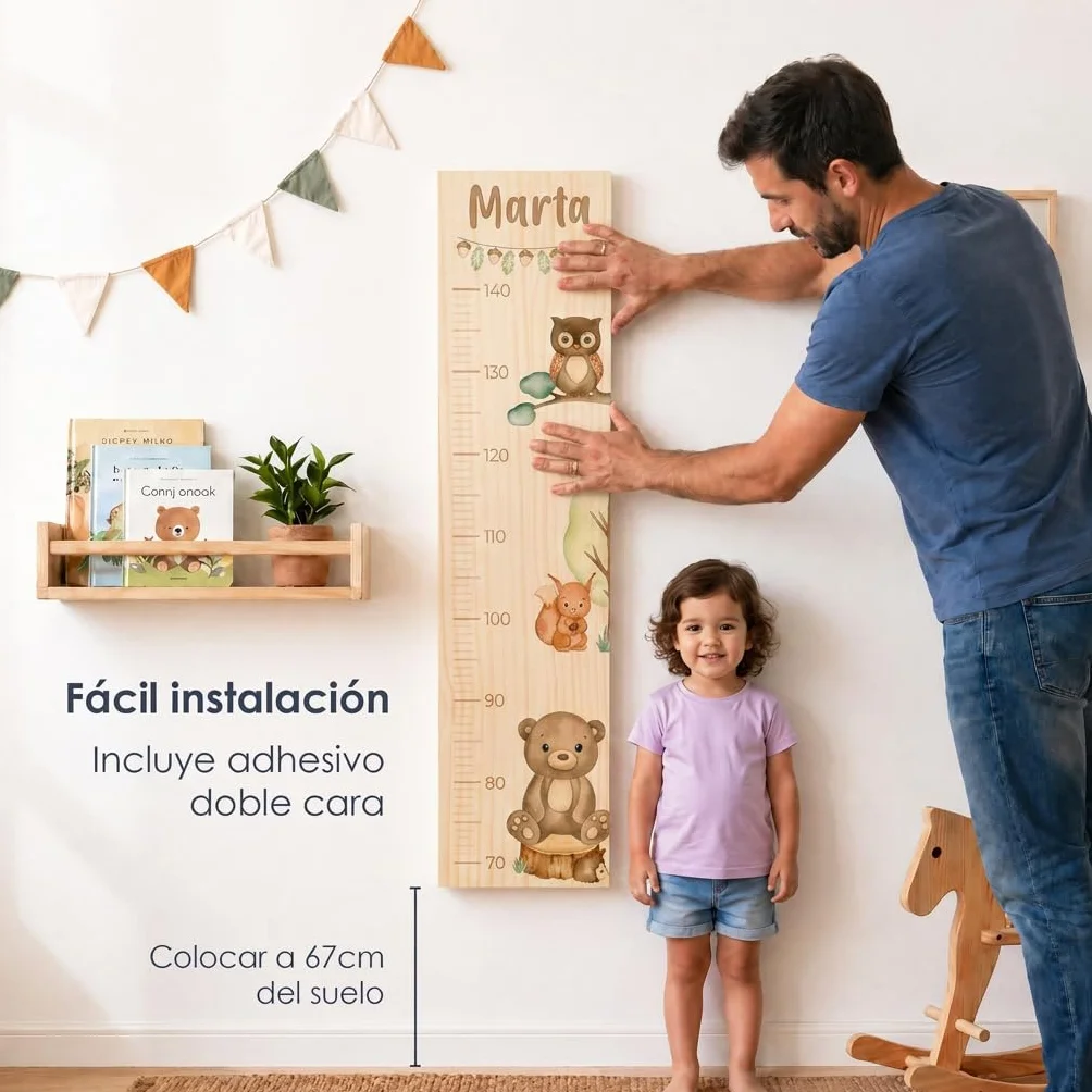 Medidor de Altura Infantil de Madera Personalizado con Nombre – Decoración habitación Infantil en Pino Natural – Regalo Original para Niños