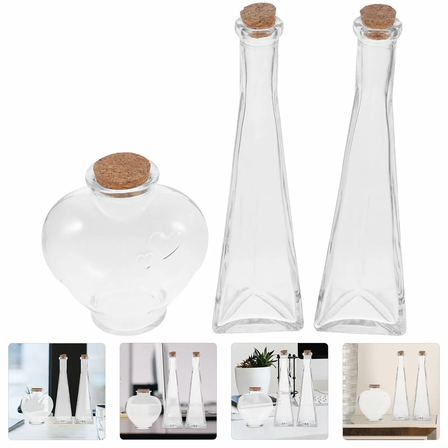 Beavorty Juego De Botellas Ceremonia De Arena Boda 3 Piezas Botellas De Vidrio Transparente Con Forma De Corazón Y Prisma Con Tapones De Corcho Para Deseos Manualidades Y Decoración