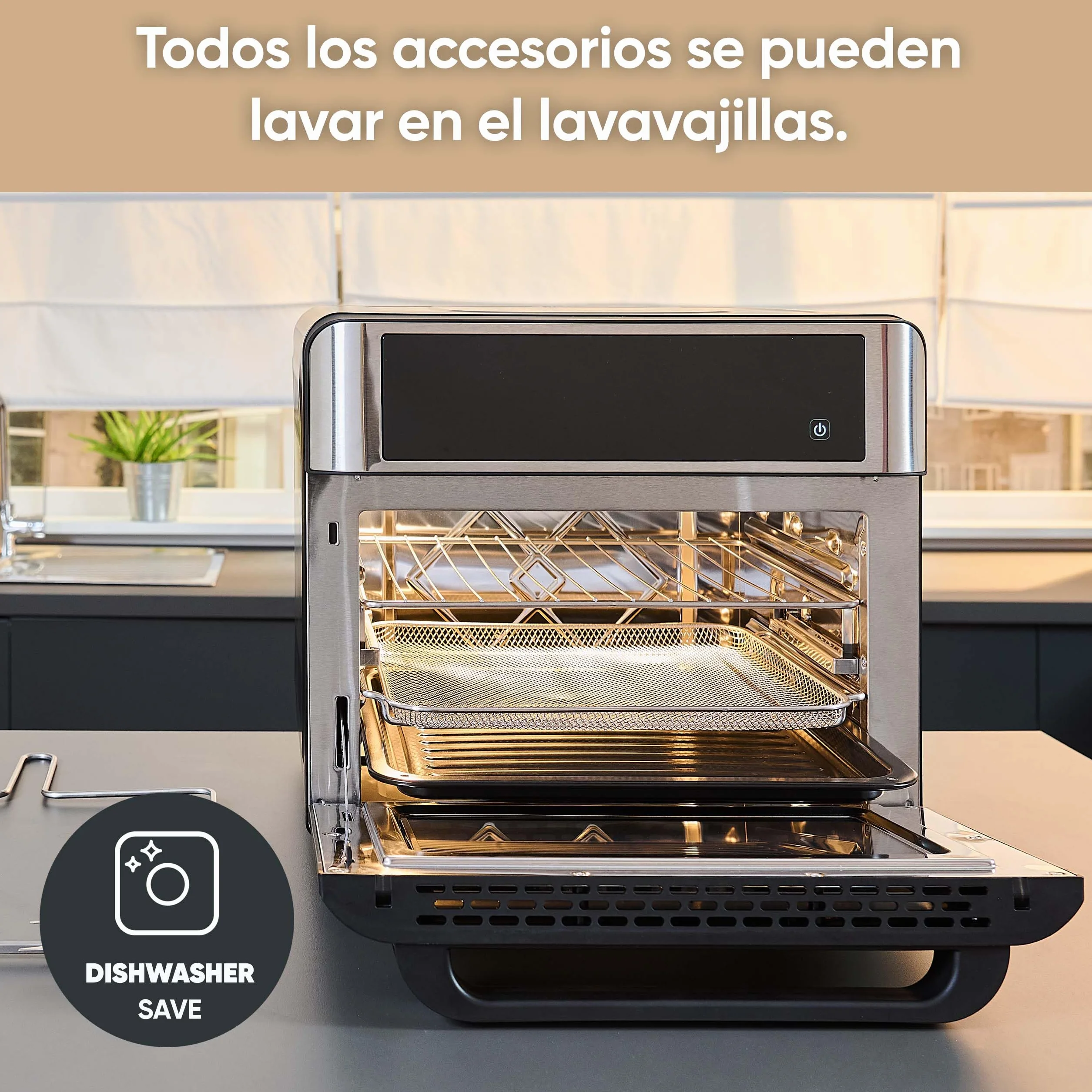 Severin Horno de sobremesa 2-en-1 tostador y freidora sin aceite, 25 L, con pantalla LED, temporizador y 12 programas automáticos; 40-220 °C, 2200 W, negro y plateado, TO 9579