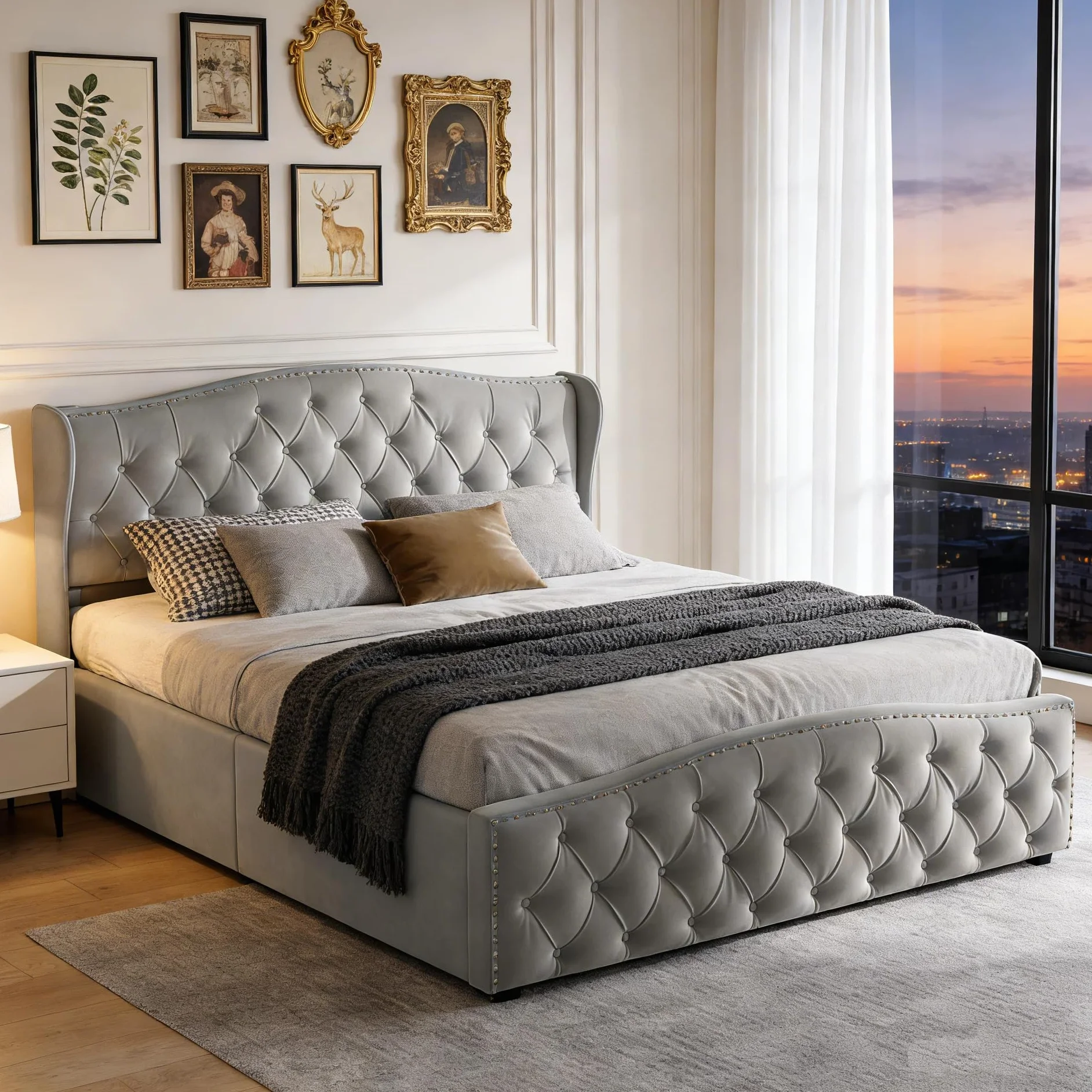 BRILVERDE Cama Tapizada 140x200 con Almacenaje, Cama matrimonial, Cabecero Acolchado y Base de Láminas, Terciopelo (Gris, 140 x 200 cm)
