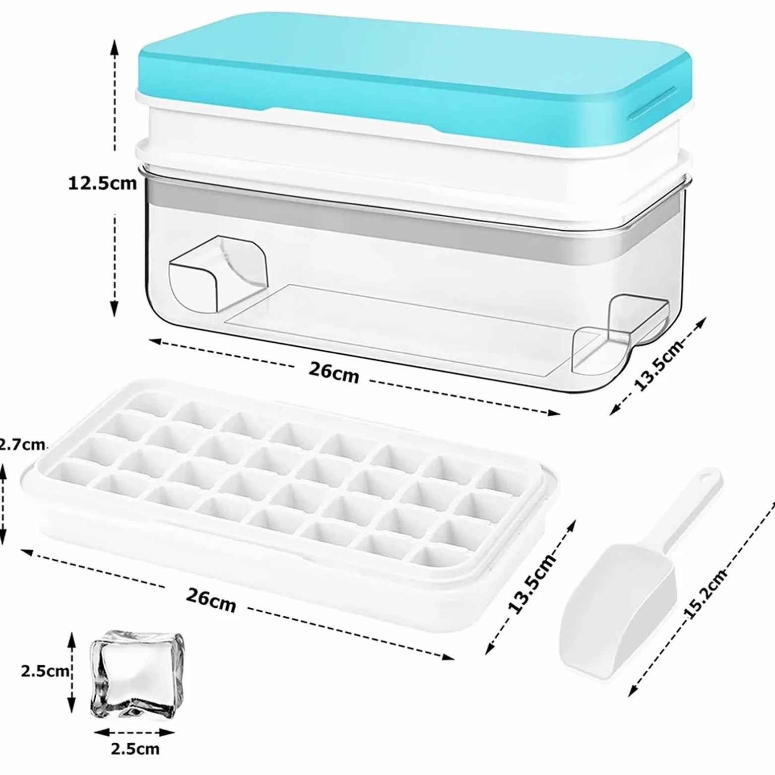 Cubiteras Para Hielo Bandeja de cubitos de hielo con 2 bandejas apilables, moldes de silicona con compartimento for congelador, 64 nuggets(Blue)