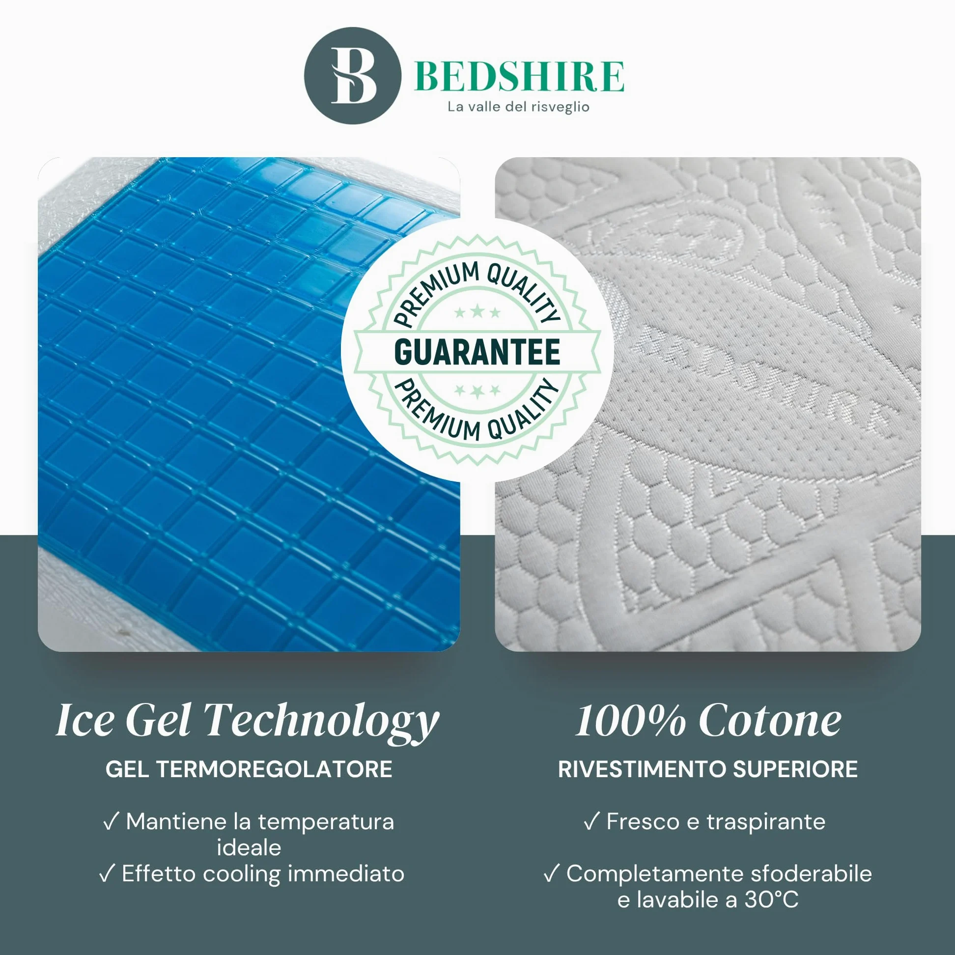Bedshire Pillow - Almohada cervical para dormir, ortopédica, refrescante, almohada con espuma viscoelástica HD, funda de algodón con gel termorregulador desenfundable de 13 cm de altura, fabricada en