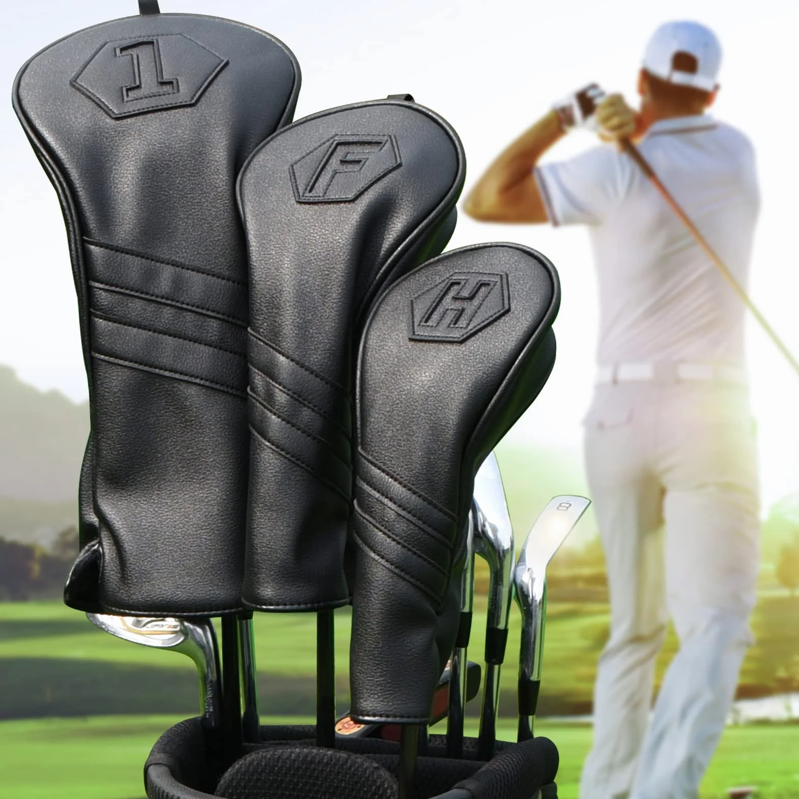 Fundas para cabeza de palo de golf madera Driver Fairway Hybrid 1FH negro piel sintética cierre elástico