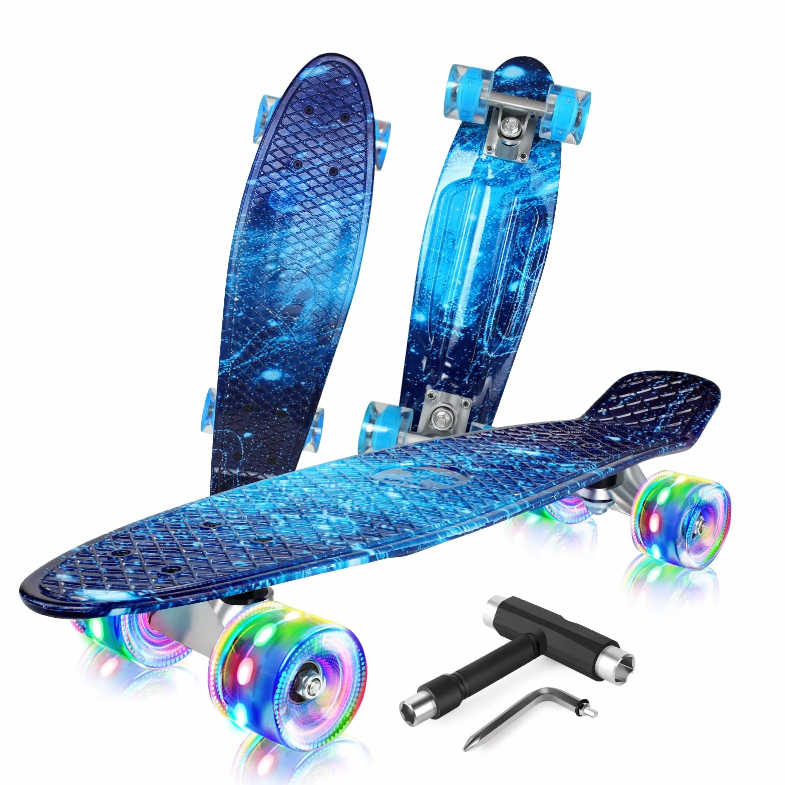 BELEEV Skateboard Complete 22 x 6 Inch Mini para Niños Principiantes Ruedas LED PU con Herramienta en T Monopatín 55cm