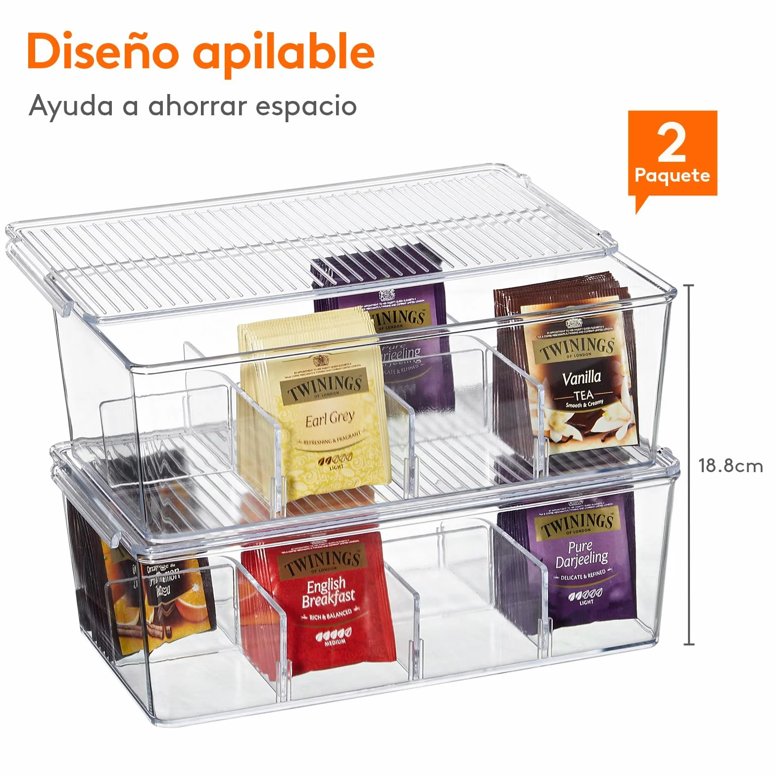 Lifewit Organizadores Apilables de Plástico para Bolsas de Té, Caja para Gabinetes de Cocina, Despensa, Ideal para Cápsulas de Café, Sobres de Azúcar, 8 Secciones, Transparente, 2 Piezas, 29cm(L)