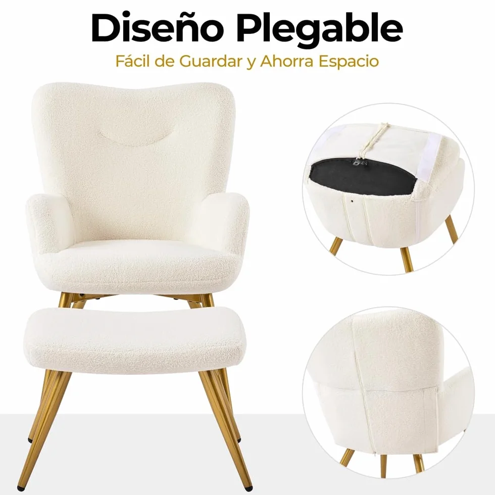 Yaheetech Sillón Ergonómico con Reposapiés Silla Relax Acolchado Respaldo Alto Plegable y Estructura en Metal Sólido Soporte 136 kg para Salón Dormitorio u Oficina en Color Marfil