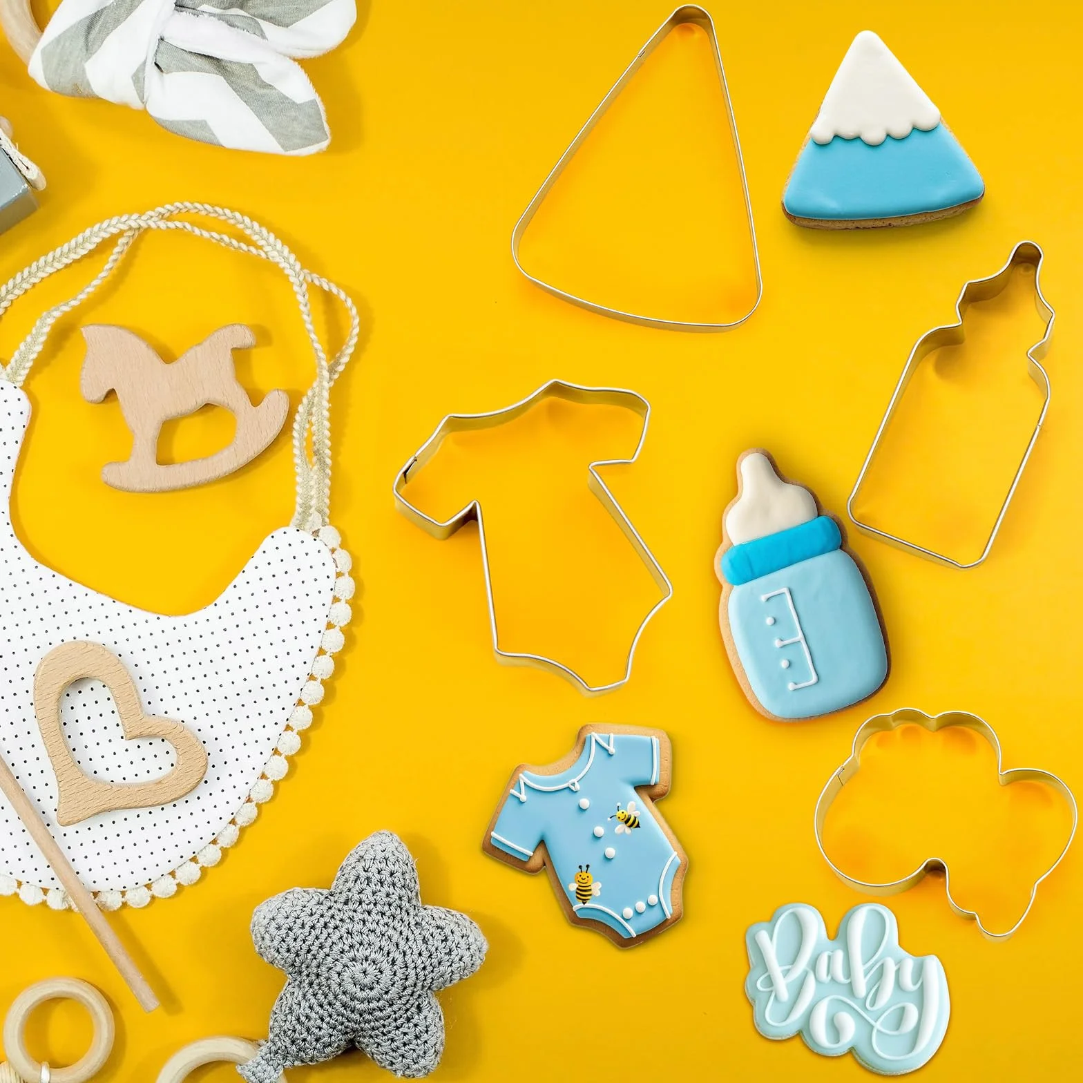 Teenyyou 4 cortadores de galletas para baby shower, cortador de galletas de acero inoxidable para bebé, palabras de bebé, cuña y cortadores de galletas para biberones para bebé