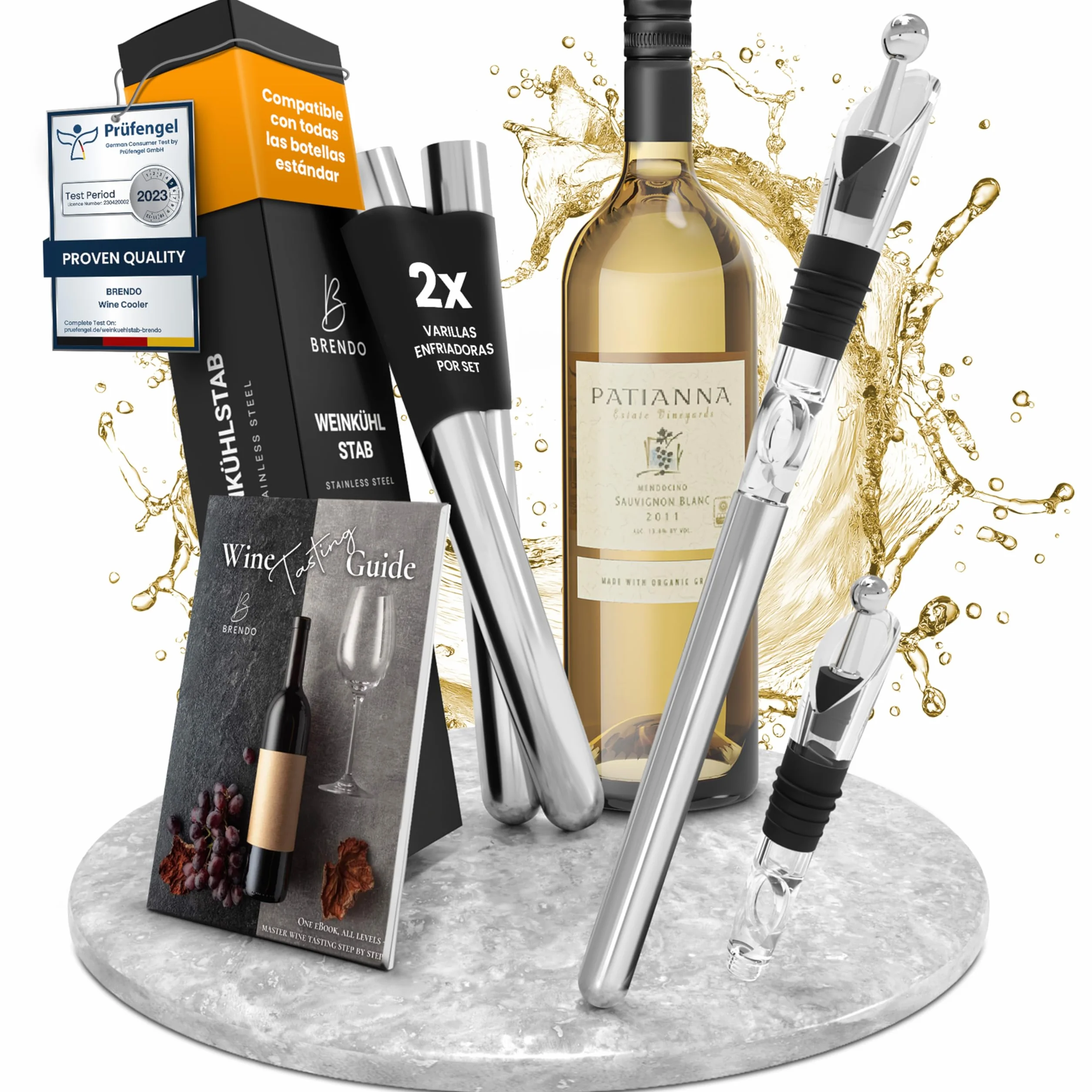 Brendo Enfriador de Botellas de Vino 4 en 1 – Varillas Enfriadoras de Acero Inoxidable en 2 Longitudes + Vertedor + Decantador + Tapón | Set de Regalo para Hombres y Mujeres | Accesorios para Vino