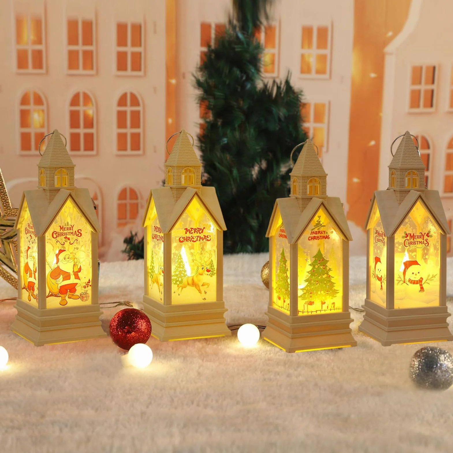 4 farolillos de decoración navideña, farolillos para decoración navideña, farolillos de Navidad con reno y árbol de Navidad, farolillos de Navidad con luz LED blanca cálida, farolillos para decoración