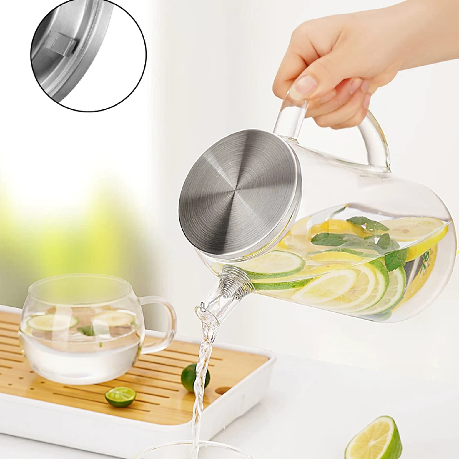 Jarra Agua Fria Jarra de vidrio para el hogar con cubierta de acero inoxidable Estilo japonés CAPACIDAD GRANDE CAPA FRÍA CARAFE PARA JUGO, LECHE, BEBIDAS CALIENTES Y FRÍAS Jarra Agua Detox Frutas