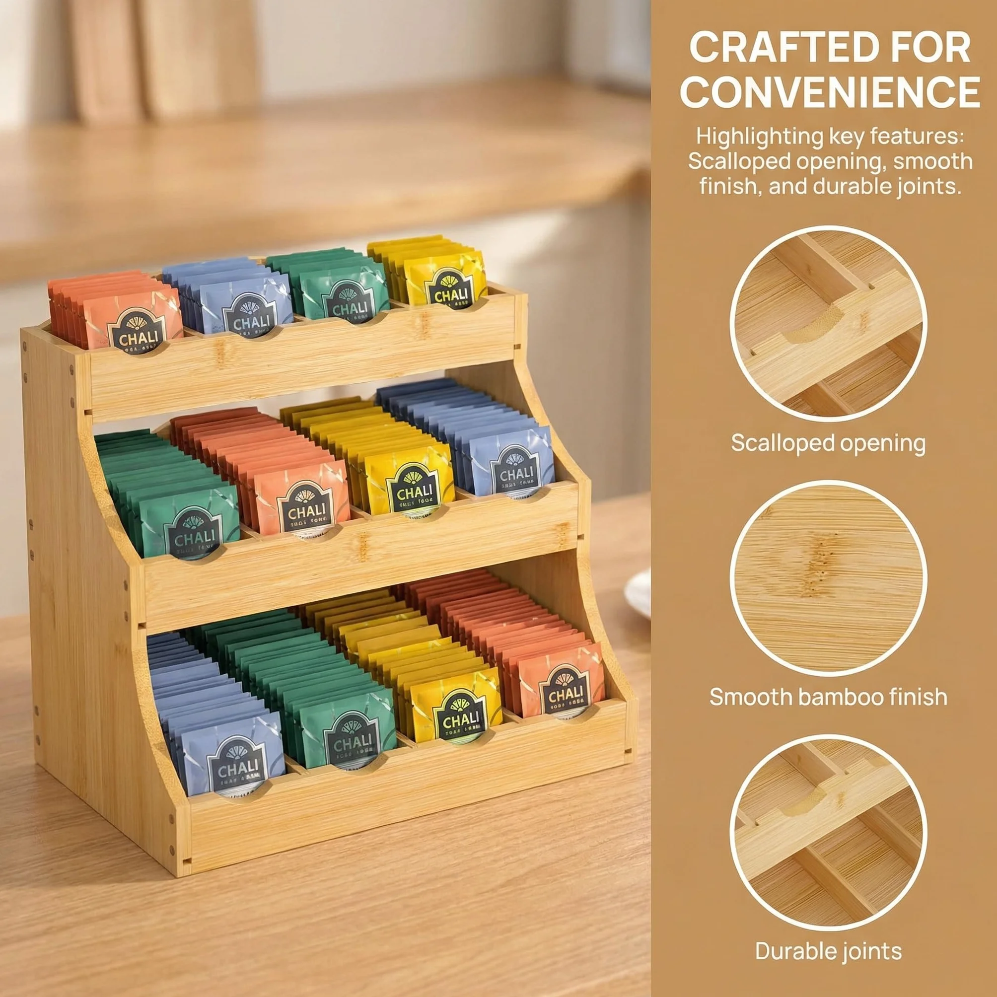 Organizador Infusiones Vertical y Bolsitas de Té, Organizador Bolsas de Té con 3 Niveles y 12 Compartimentos, Soporte Bolsitas de Tea de Bambú, Estante de Tea y Cápsulas de Café- 30x25x20cm