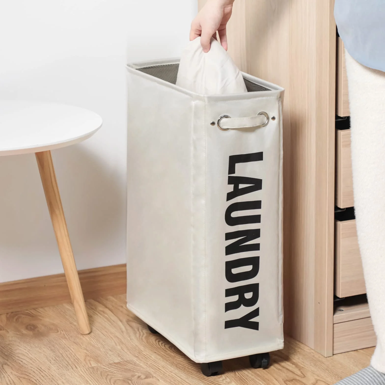 DOKEHOM 25-Inch Slim Cesta de Lavandería con Ruedas, Cesto Colapsable, Almacenamiento Esquina Beige