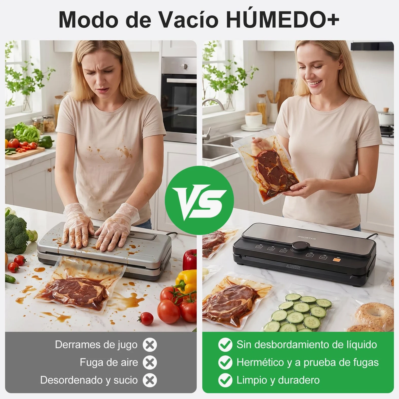 Aigostar Envasadora al Vacío, 9L/min, Pantalla Digital, Bandeja Extraíble | Envasadora al Vacío Doméstica con 6 Modos, Función Moist+, Cortador y Almacén de Rollos, Incluye 10 Bolsas y 2 Rollos