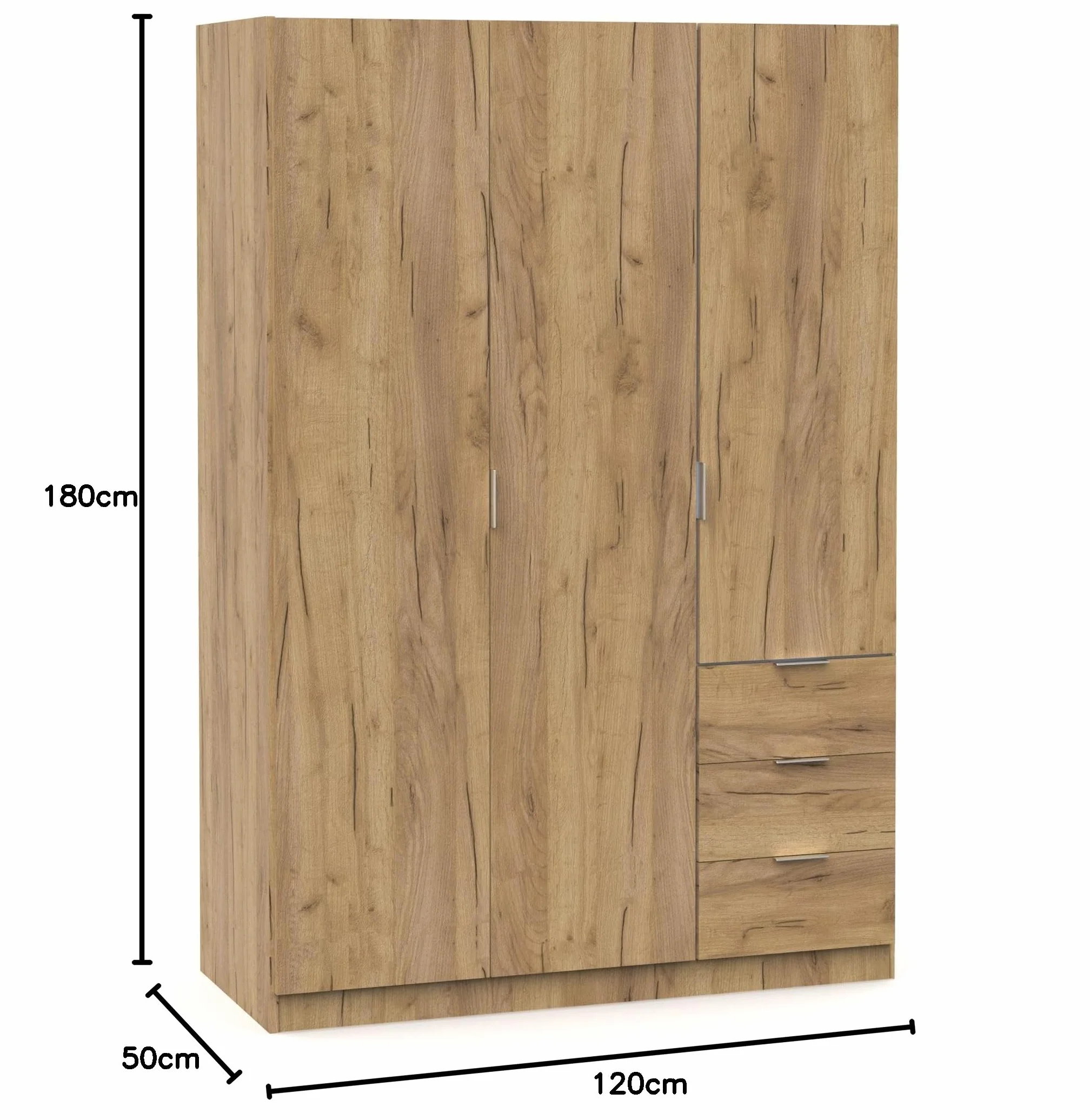 MUEBLES PITARCH Armario Dormitorio Ropero 3 Puertas 3 Cajones, Roble Kraft, 180x120x50 cm(Alto x Ancho x Fondo), Mueble Auxiliar Moderno, Colección Turín