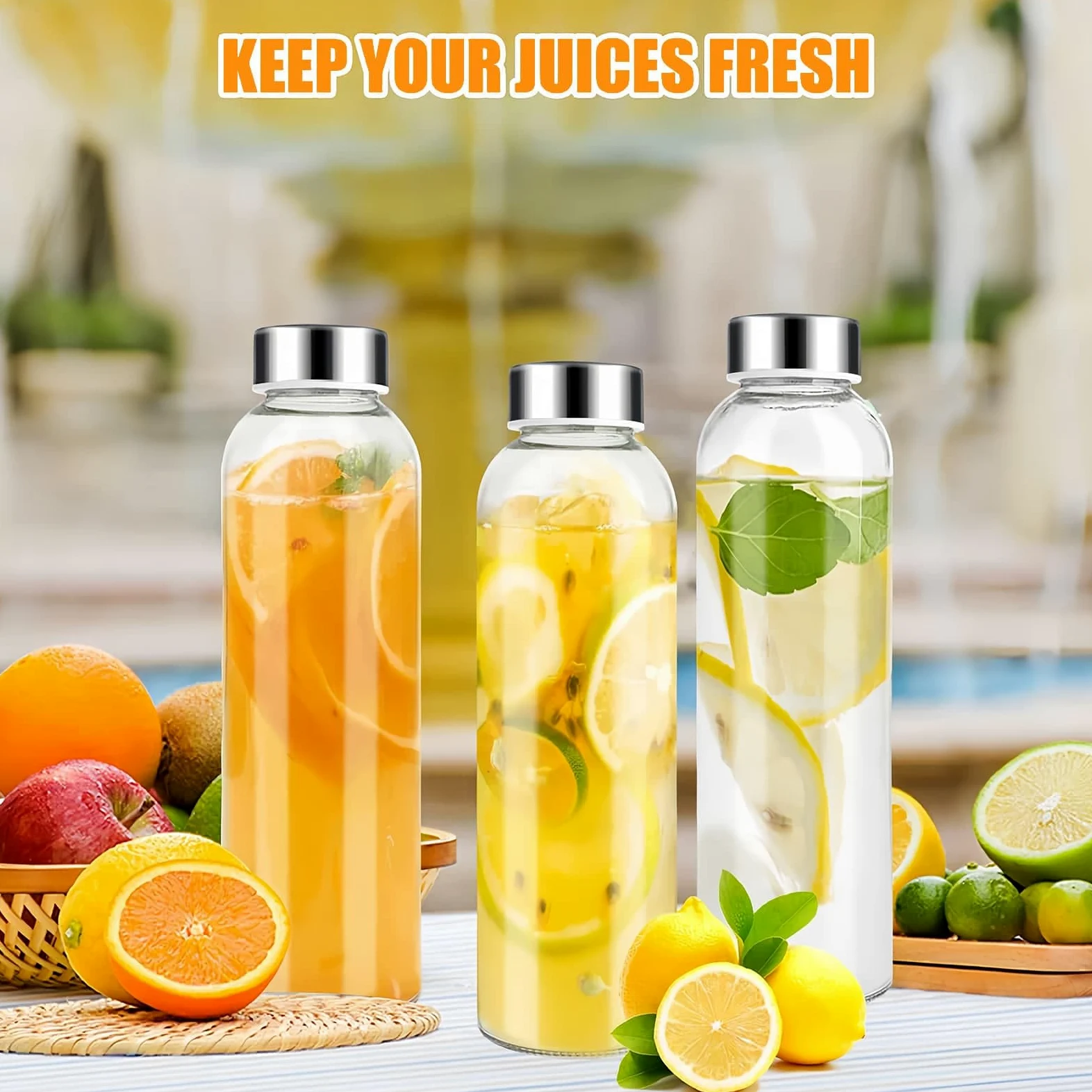 Eidoct 8 botellas de agua de vidrio con tapas, botellas de jugo de vidrio de 500 ml, botella reutilizable a prueba de fugas, botellas de vidrio transparente para jugo, tarro de salsa, bebidas