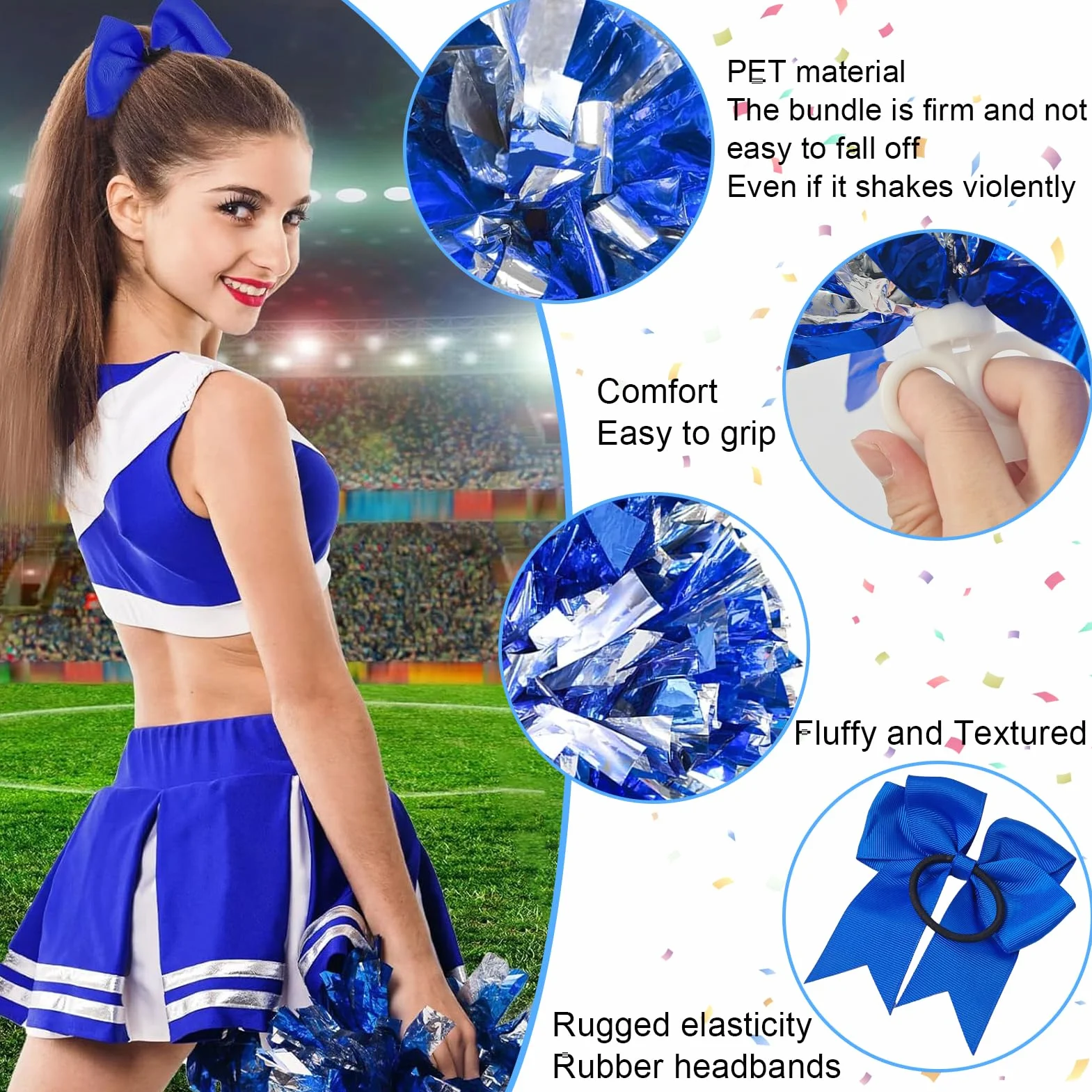 Pompoms Animadoras Azul con Asas 3 Piezas para Deportes Spirit Cheering
