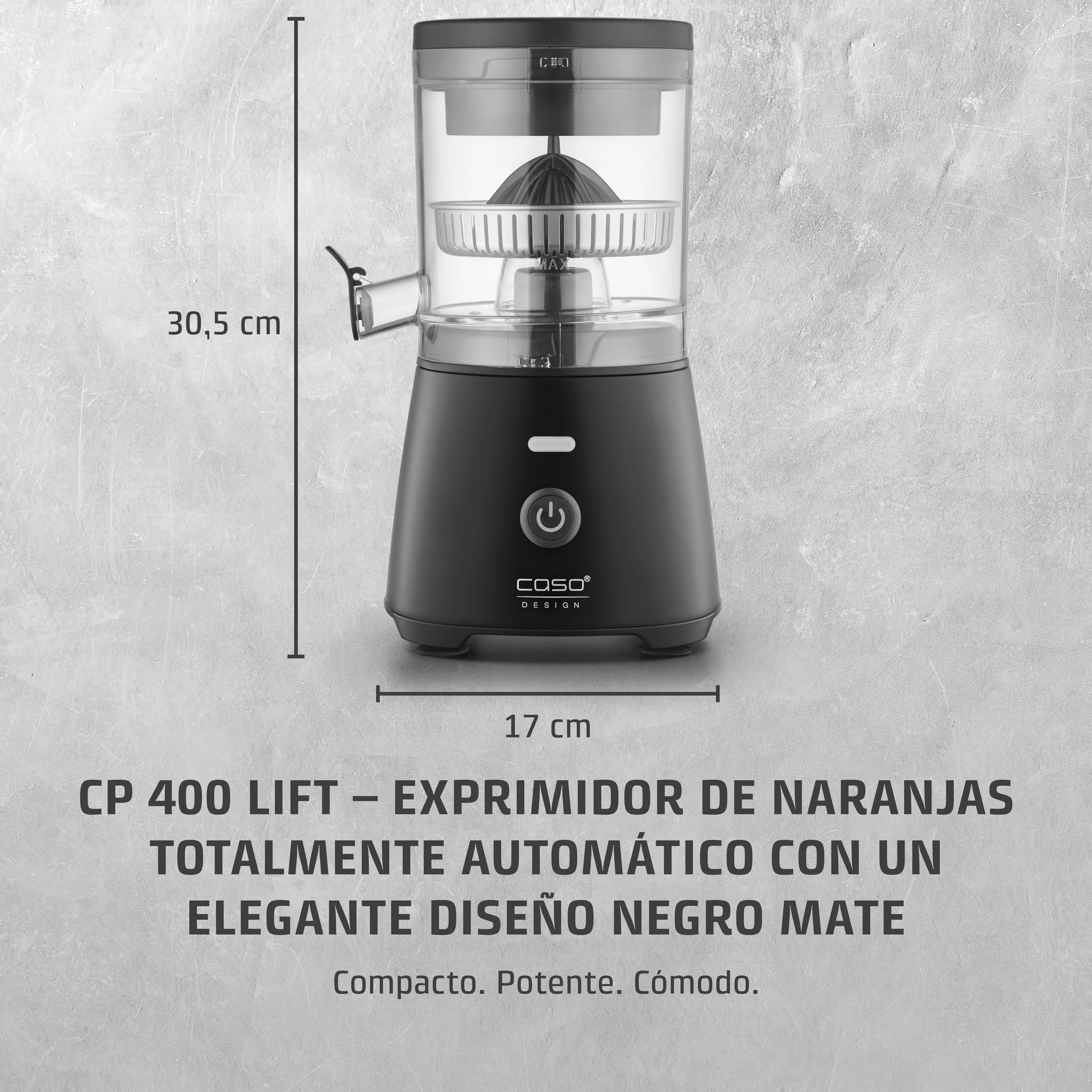 CASO CP 400 Lift - Exprimidor Eléctrico con cono universal para Naranjas y Cítricos, 300W, antisalpicaduras, alta extracción de zumo, pies con ventosa, libre de BPA, apto para lavavajillas,