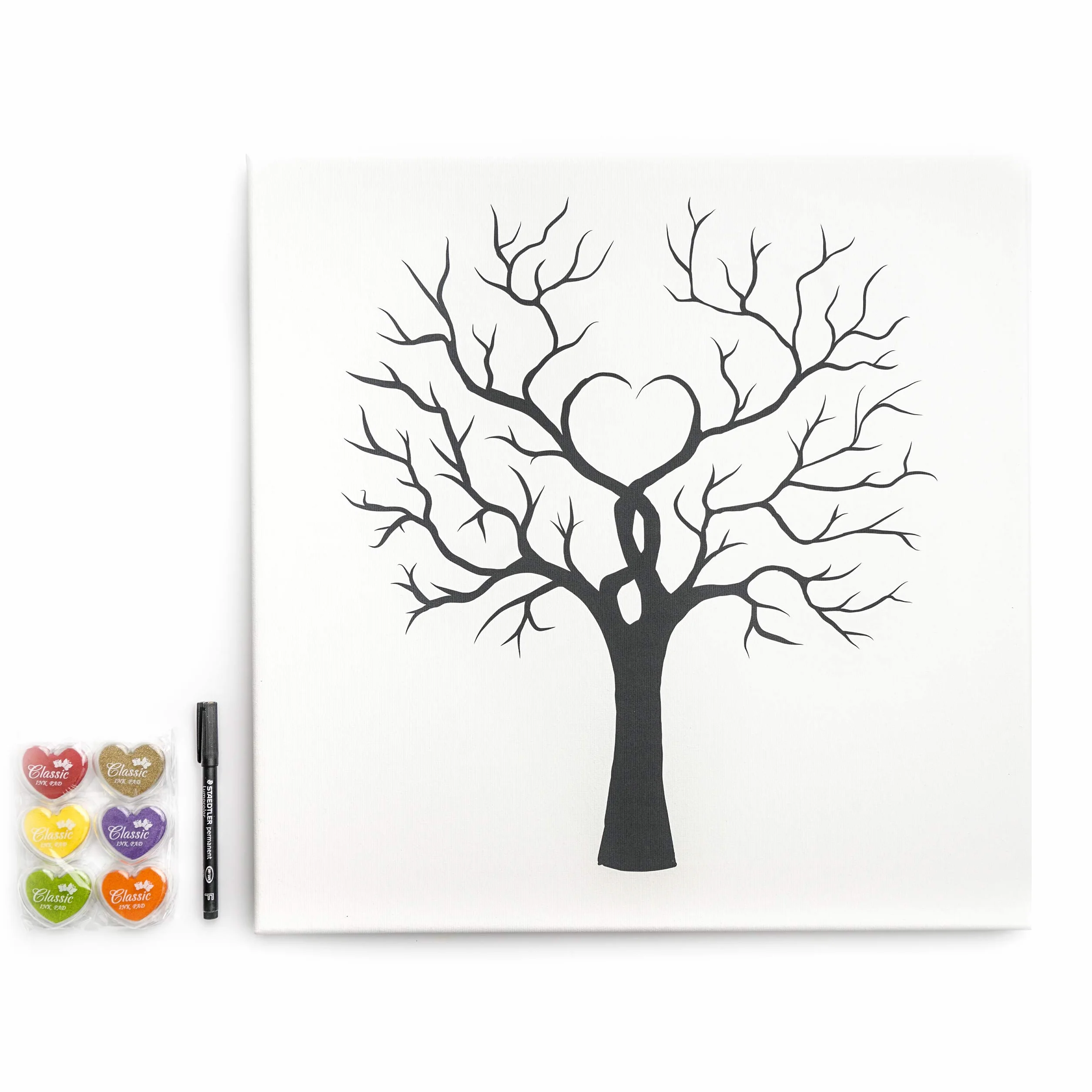 Lienzo para huellas dactilares, bricolaje, bodas, aniversarios, fiestas familiares, fiestas, cumpleaños como libro de visitas, incluye almohadilla de tinta y bolígrafo, diseño de árbol de