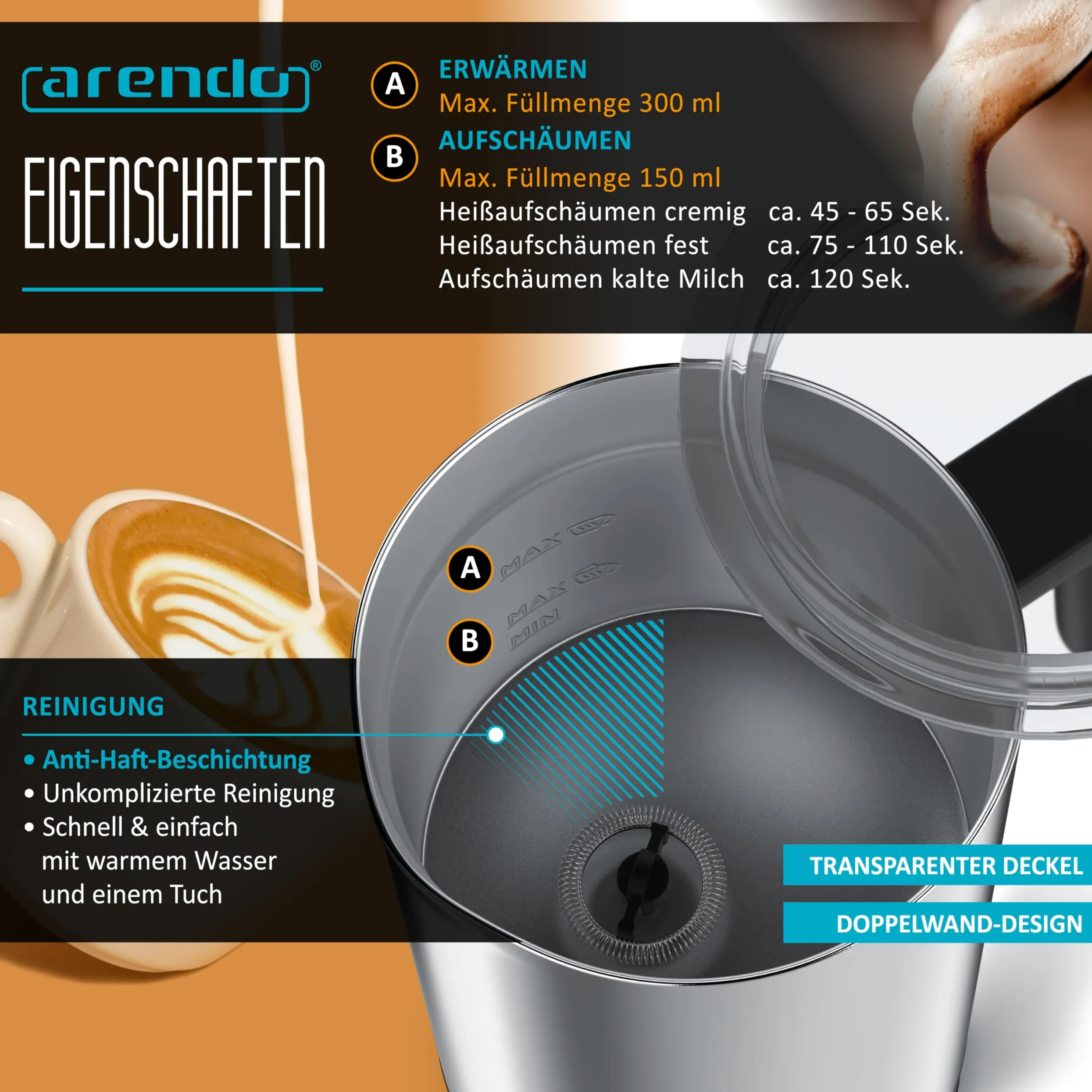 Arendo - Espumador de leche eléctrico 4 en 1 – Carcasa de doble pared – 4 programas – Espuma caliente y fría – Espuma cremosa y firme – 150-300 ml – Revestimiento antiadherente – Cappuccino Latte
