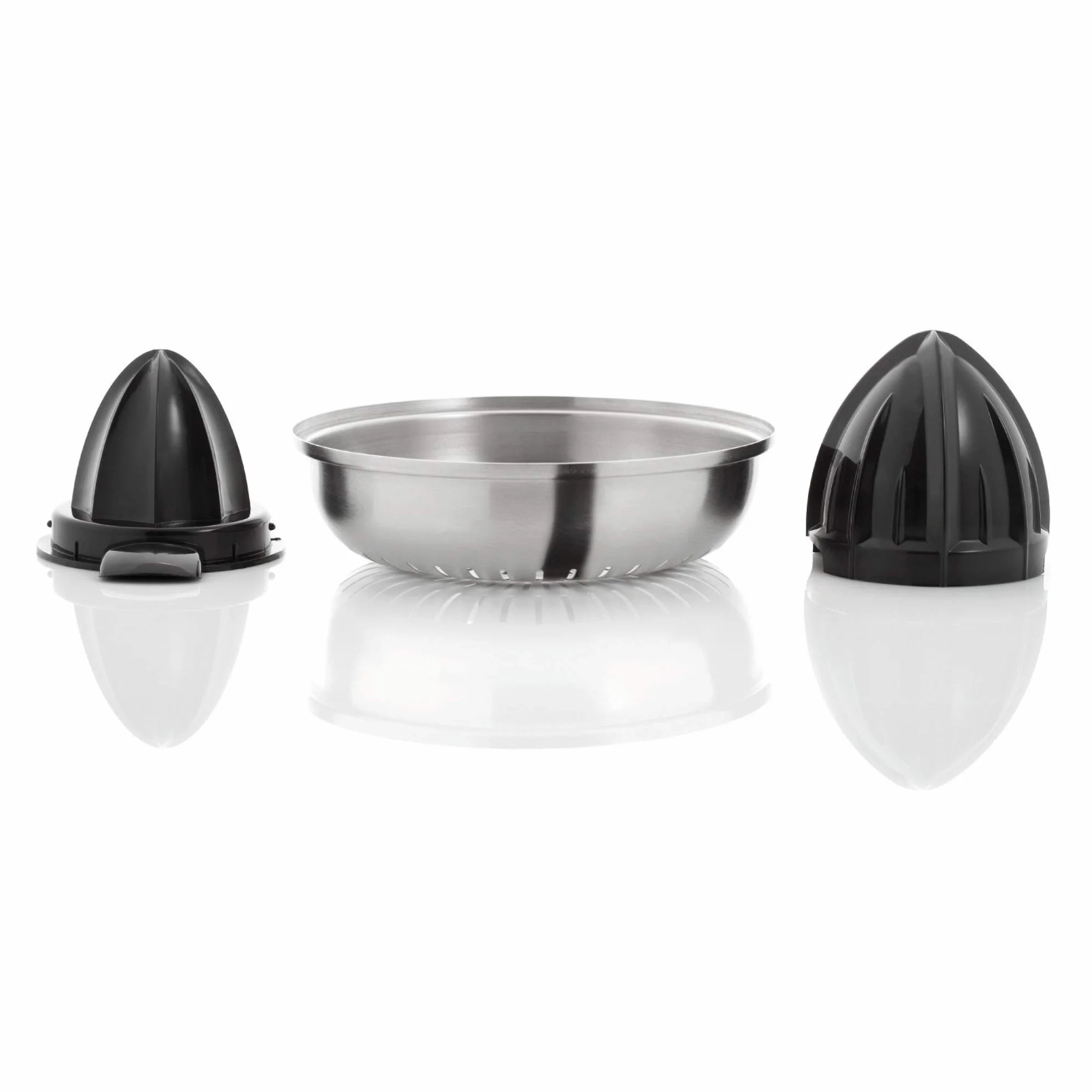 WMF Stelio - Exprimidor, 85 W, 2 conos intercambiables y colador extraíble de cromargan y cierre antigoteo, apto para limón, naranja y pomelo, acero inoxidable, cromargan