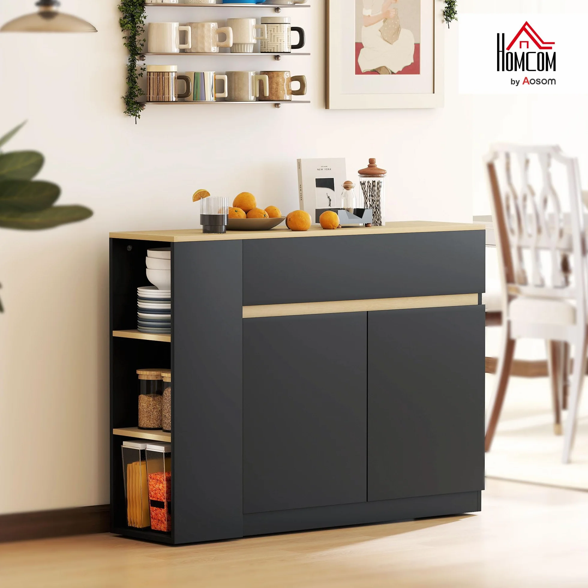 HOMCOM Aparador de Cocina, Armario de Cocina Estrech con 2 Cajones, 3 Estantes Abiertos, 2 Puertas, Estante Ajustable, Aparador Nórdico para Comedor, 110x29,5x82 cm, Negro