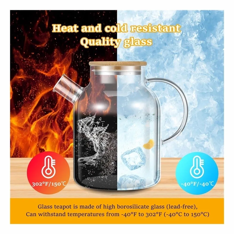 Jarra de agua Jarra de vidrio con tapa de bambú, 1800 ml, resistente al calor, con asa, ideal for bebidas frías y calientes Olla de vidrio