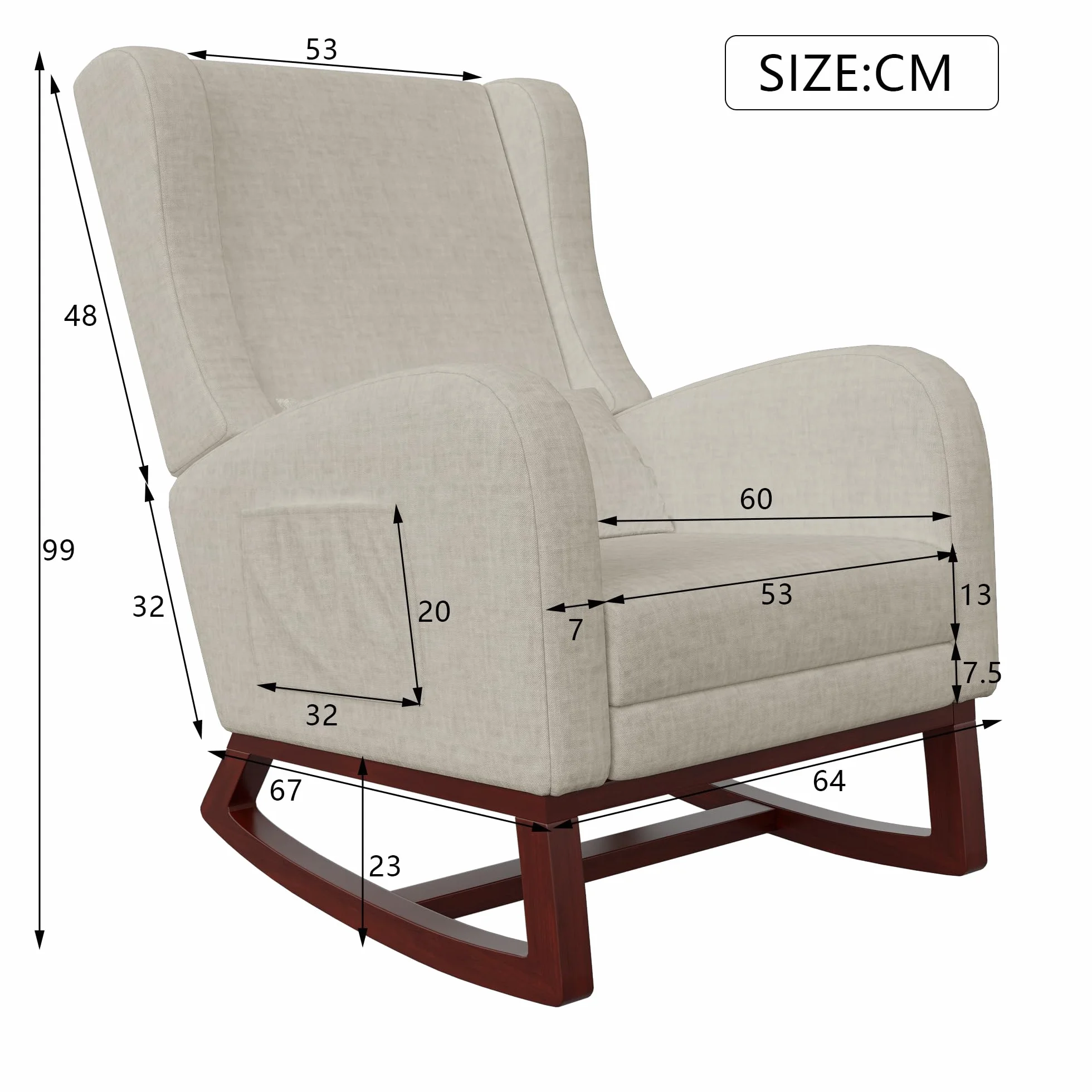 Mecedora de lactancia Lin Beige con reposapiés y reposabrazos, madera maciza, 67x64x99 cm