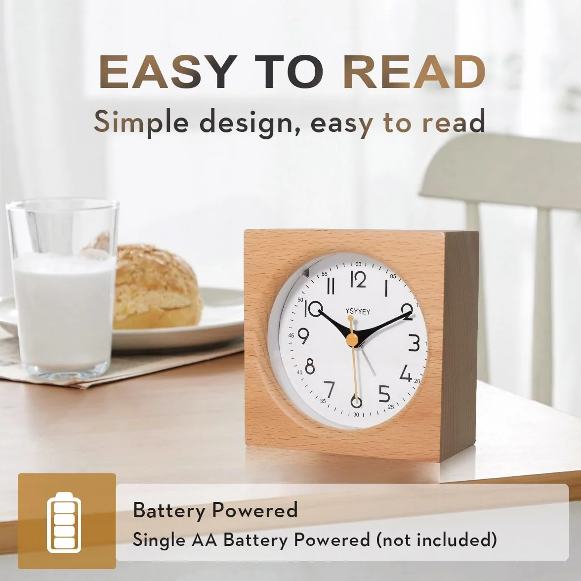Despertador analógico, despertador infantil sin tictac, reloj analógico de madera con función de repetición y luz nocturna, reloj de mesa, funciona con pilas para dormitorio, cocina y viajes
