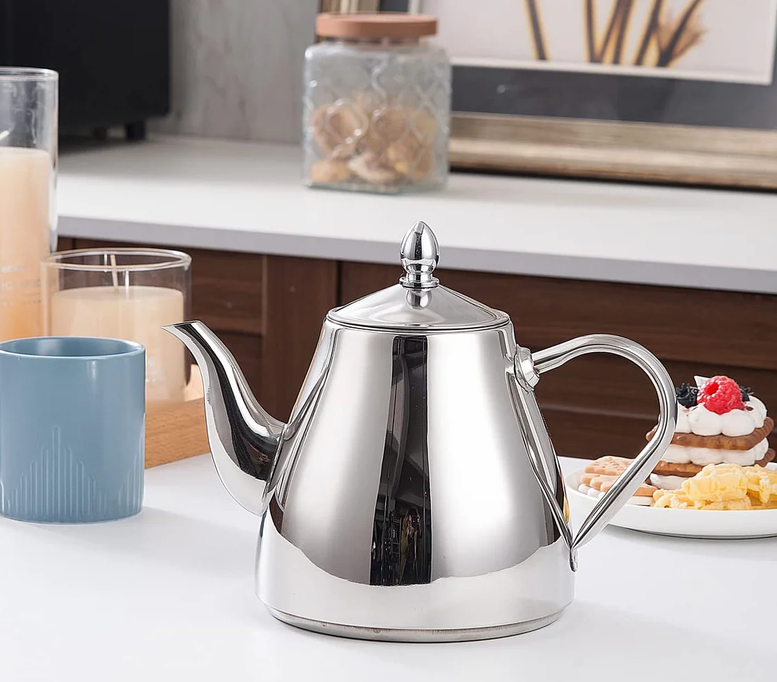 SANQIAHOME 1,2 litros Tetera de acero inoxidable con Filtro para infusiones extraíble,Cafetera, De Plata