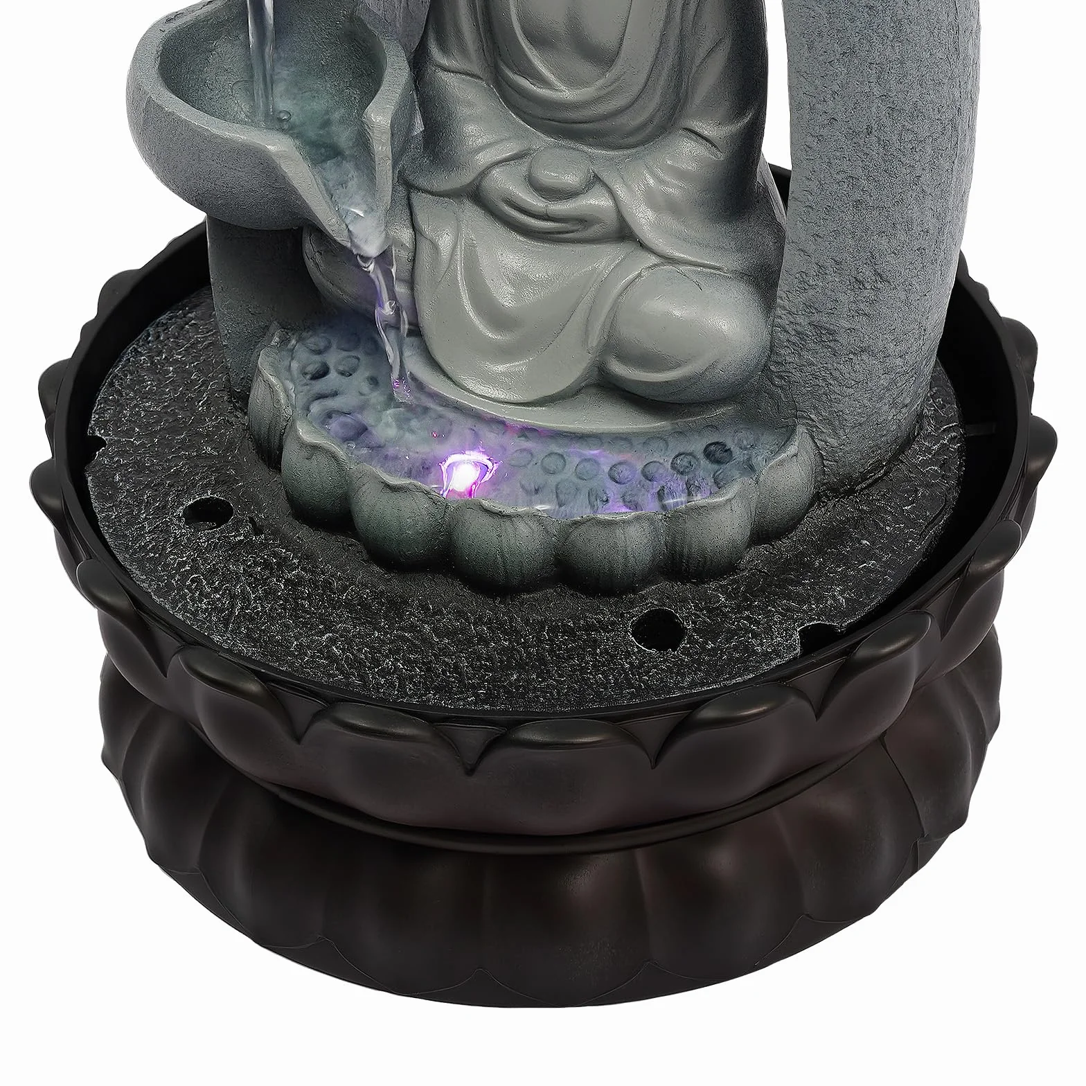 Fuente de mesa de Buda, sala de estar, relajación, meditación, iluminación LED, cascada, Feng Shui, fuente decorativa compacta para el hogar y la oficina, 30 x 22 x 22 cm, decoración zen